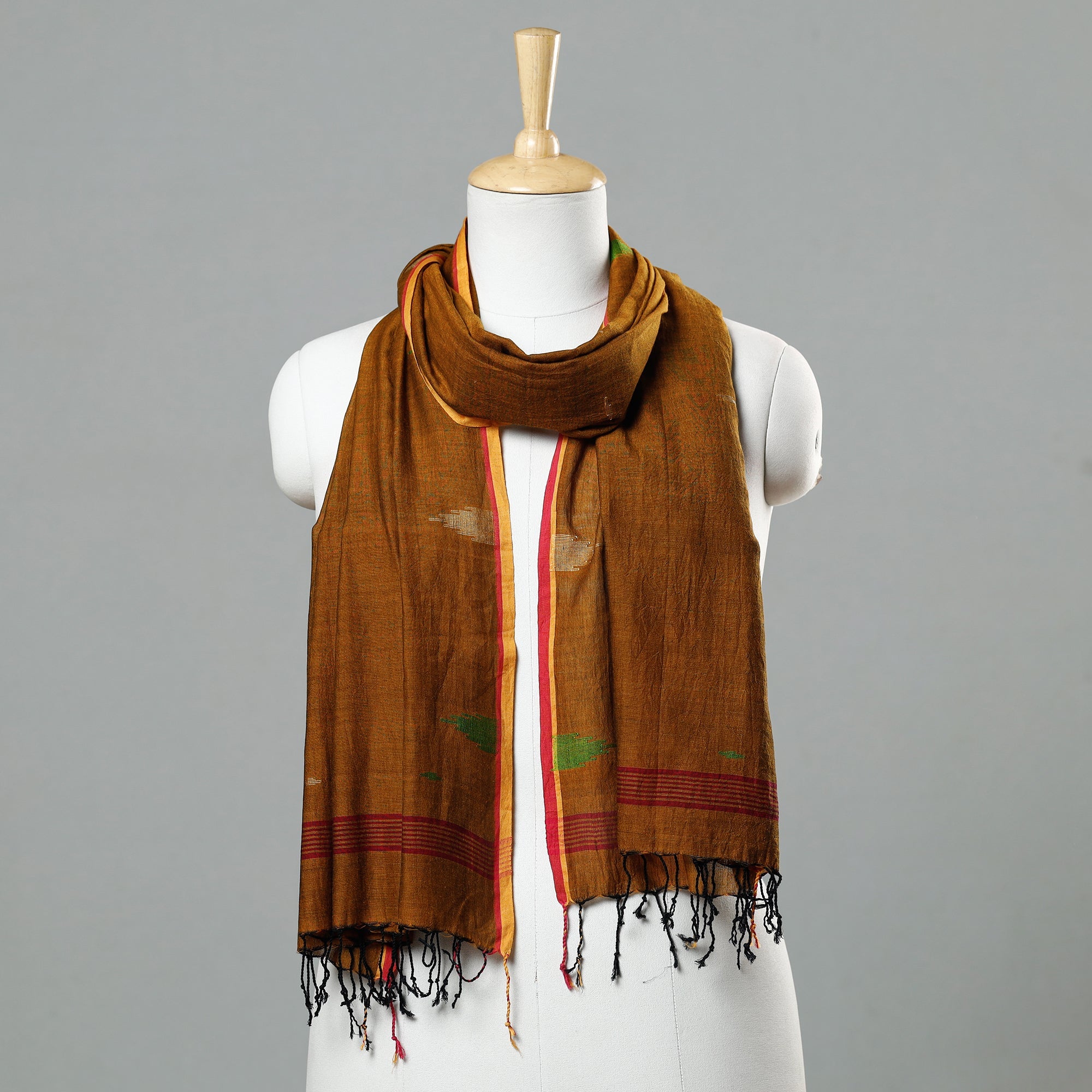 ALANKRITA Brown - Jamdani Handloom Cotton Stole with Tassels
