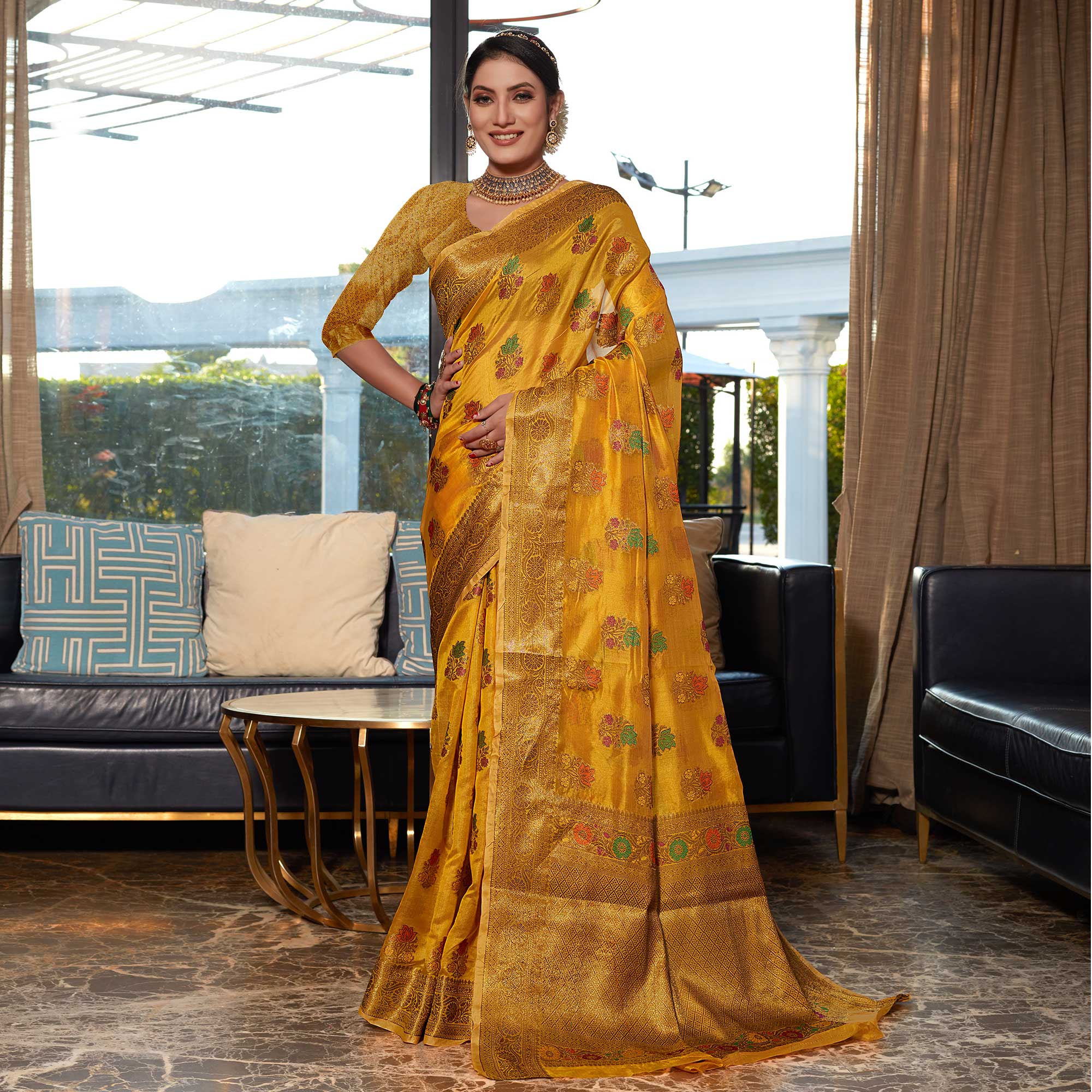 Peachmode Light Mustard Floral Woven Organza Saree - view 2