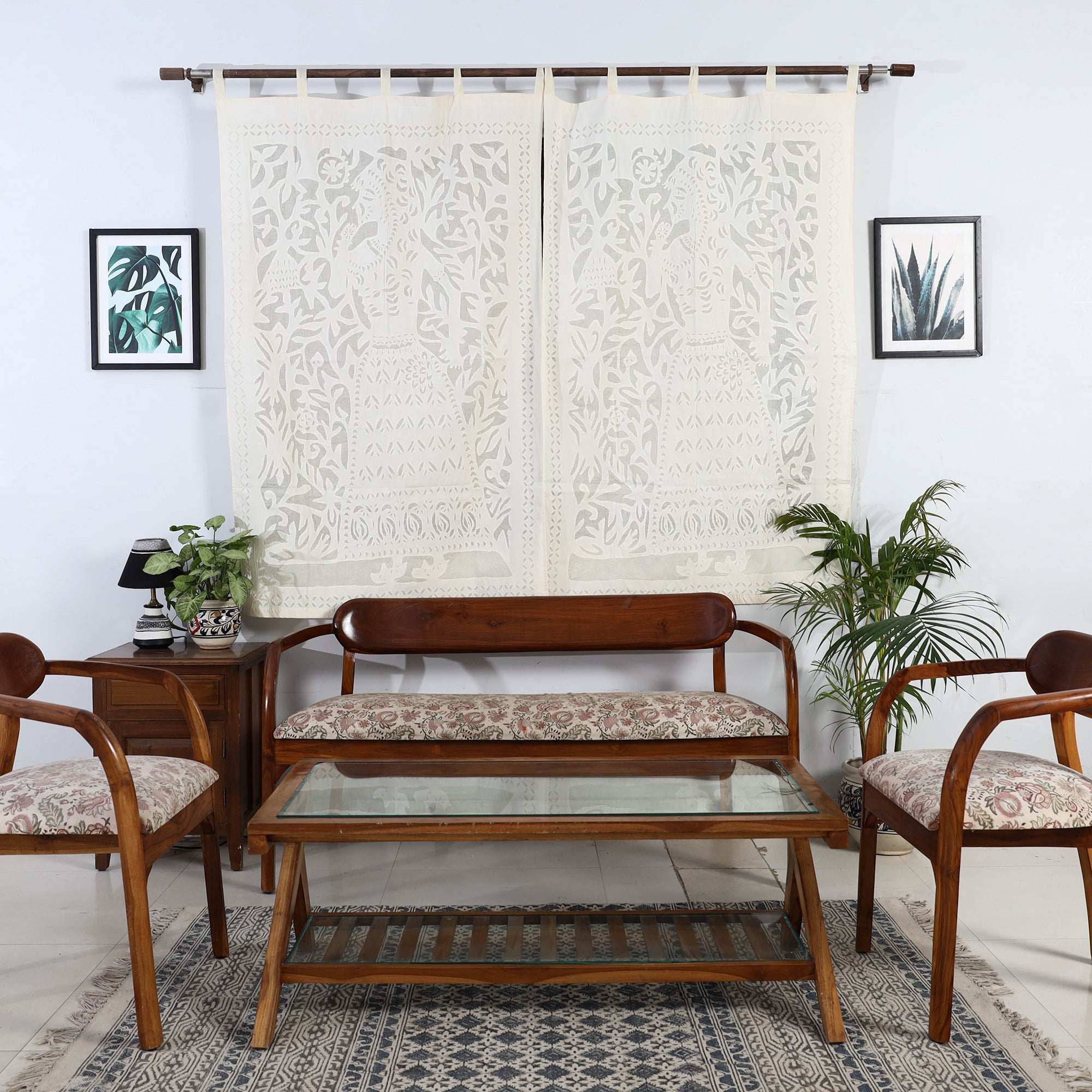 SHADES OF MARUDHARA beige - Queen Cutwork Cotton Barmer Applique Window Curtain