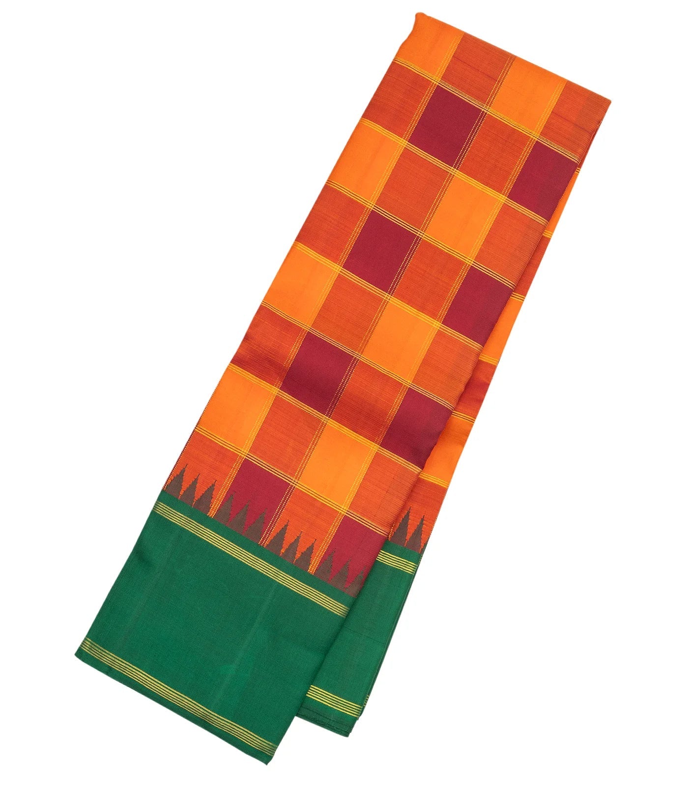 RmKV Crimson & Orange Handloom Kanchipuram Korvai Silk Saree With Checks