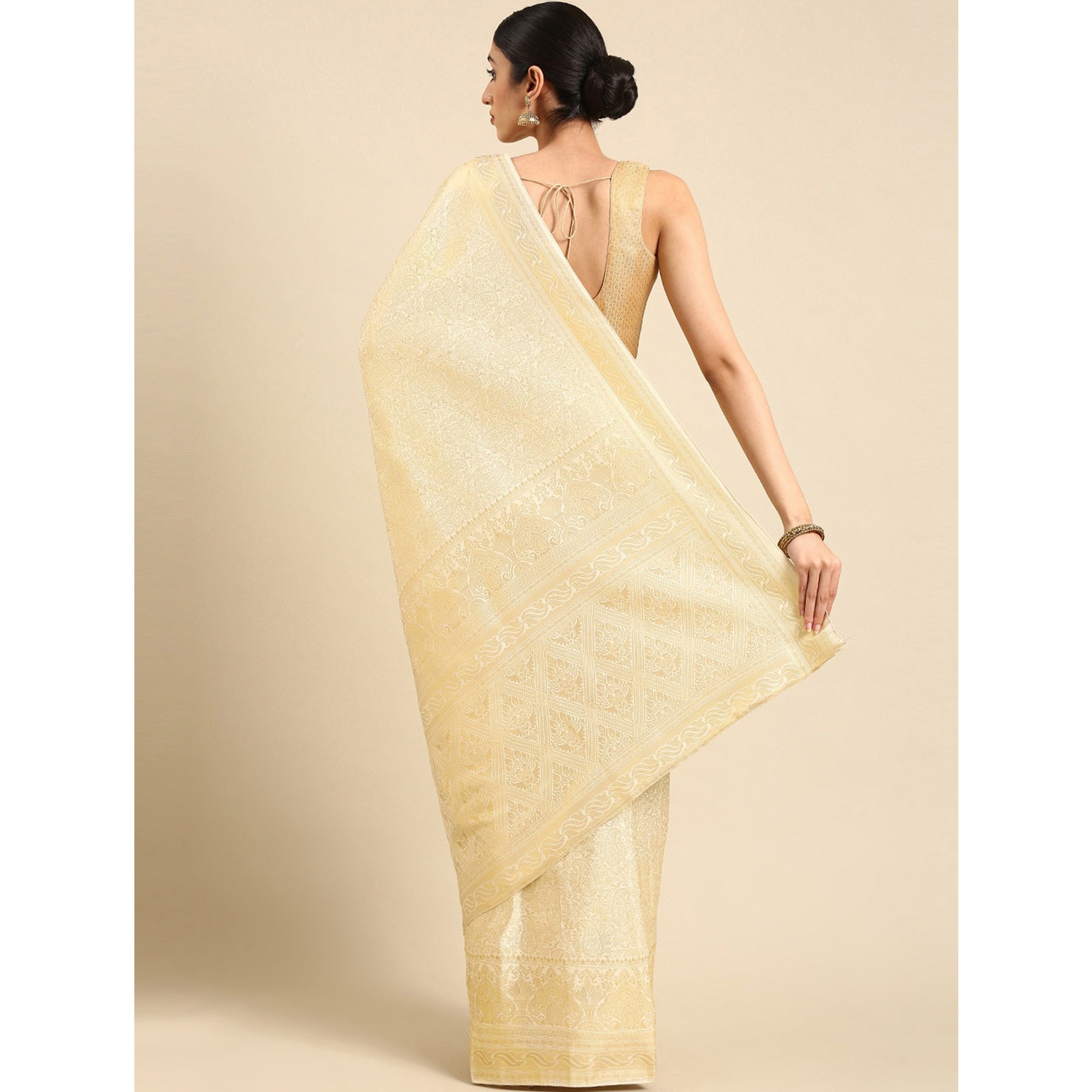 Peachmode Cream Woven Kanjivaram Silk Saree – Women's - view 4