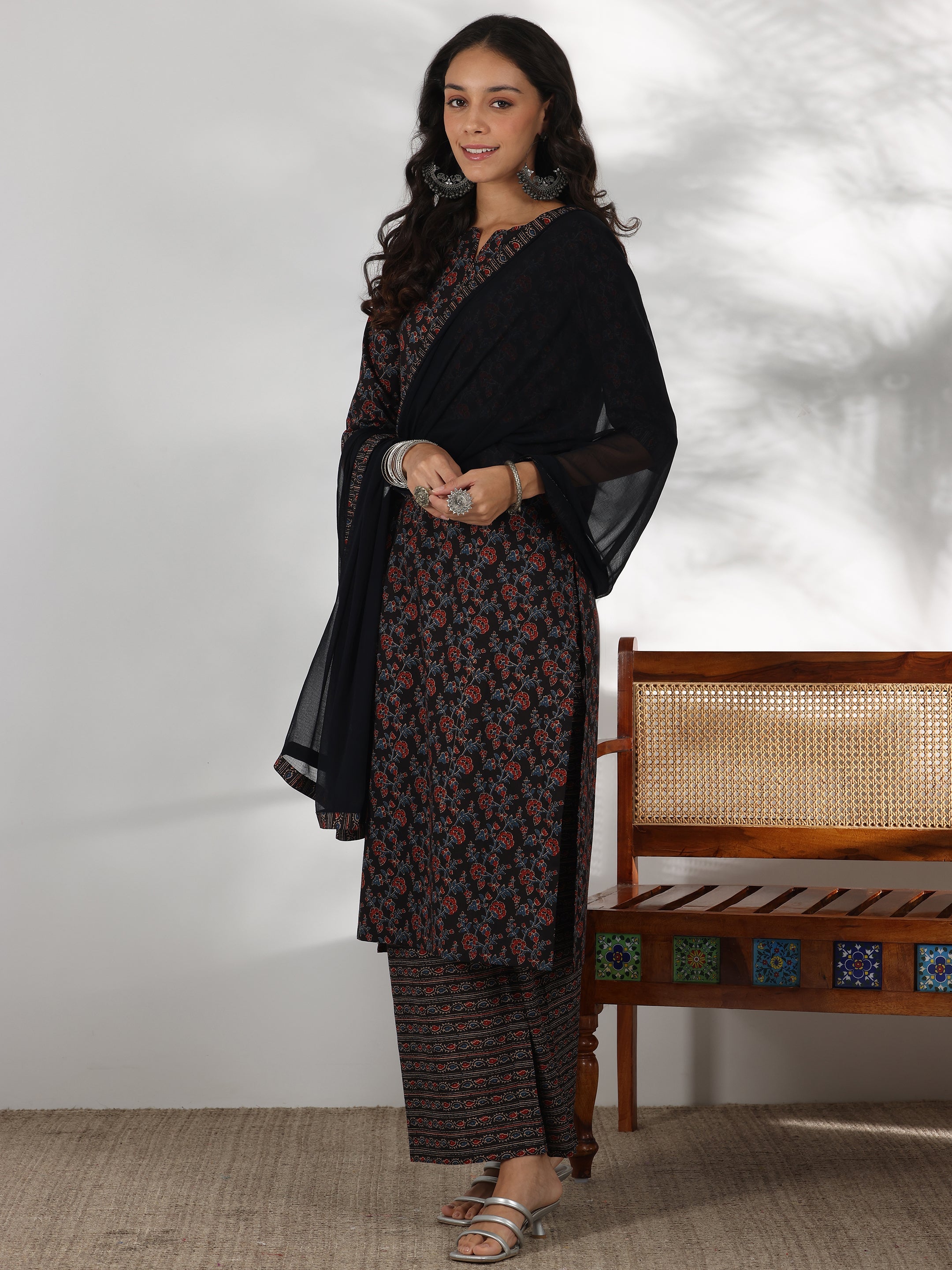 Libas Black Printed Cotton Straight Suit With Dupatta - view 3