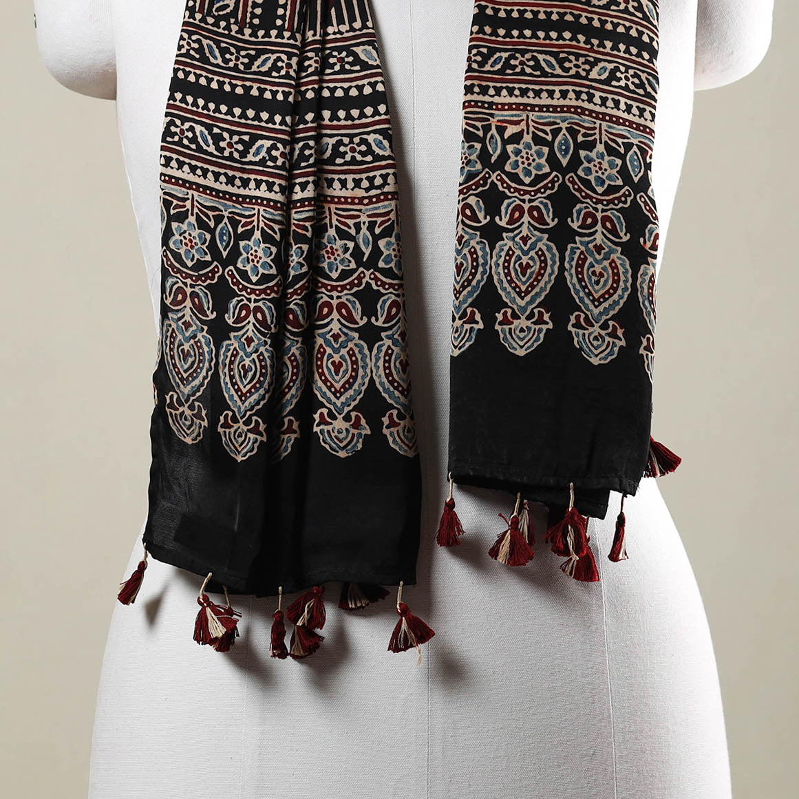 RIYAZ ABDULMAJID KHATRI - AJRAKH Black - Ajrakh Hand Block Printed Modal Silk Stole with Tassels - view 3