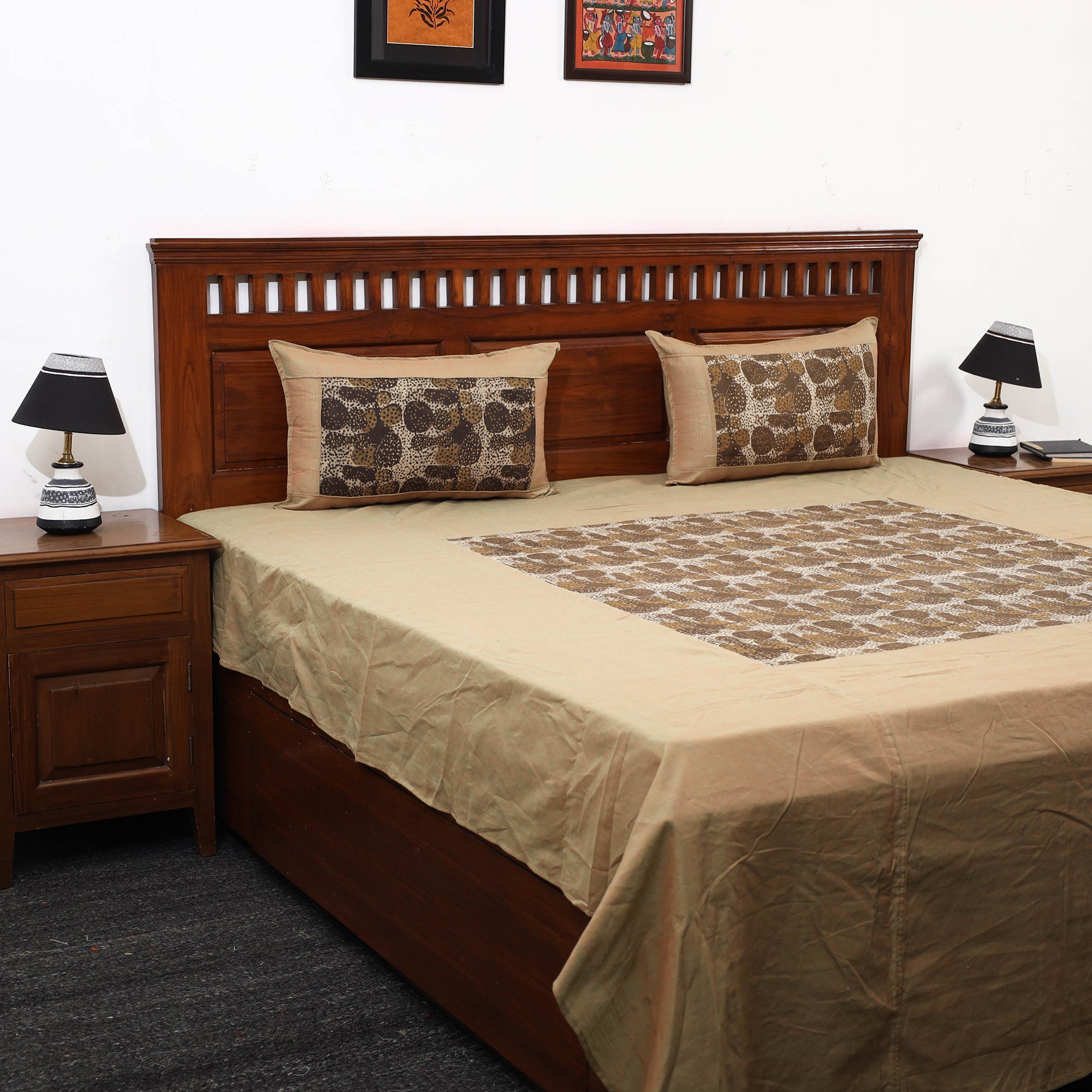 NOORI BAZAR Brown - Plain Cotton Double Bed Cover with Block Print Patchwork (94 x 89 In)