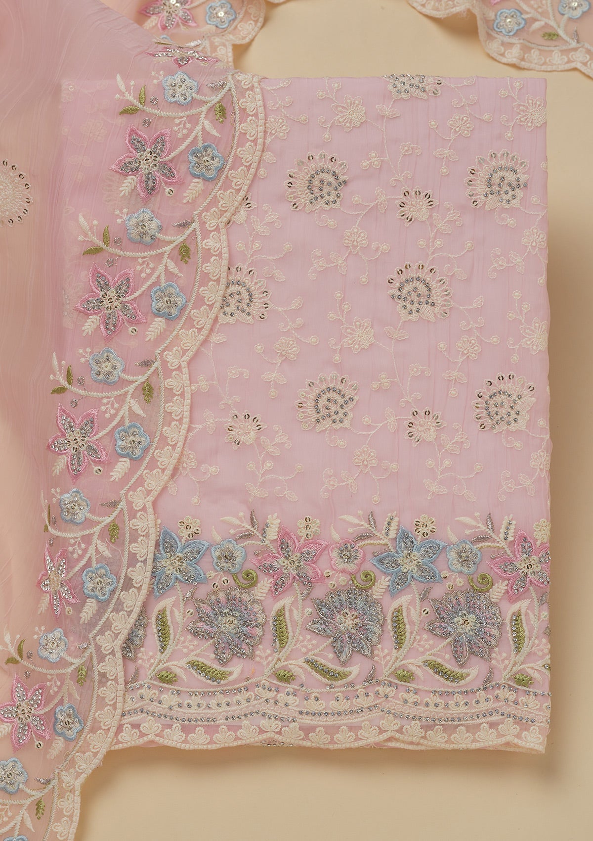 Koskii Baby Pink Threadwork Chiffon Unstitched Salwar Suit - view 6