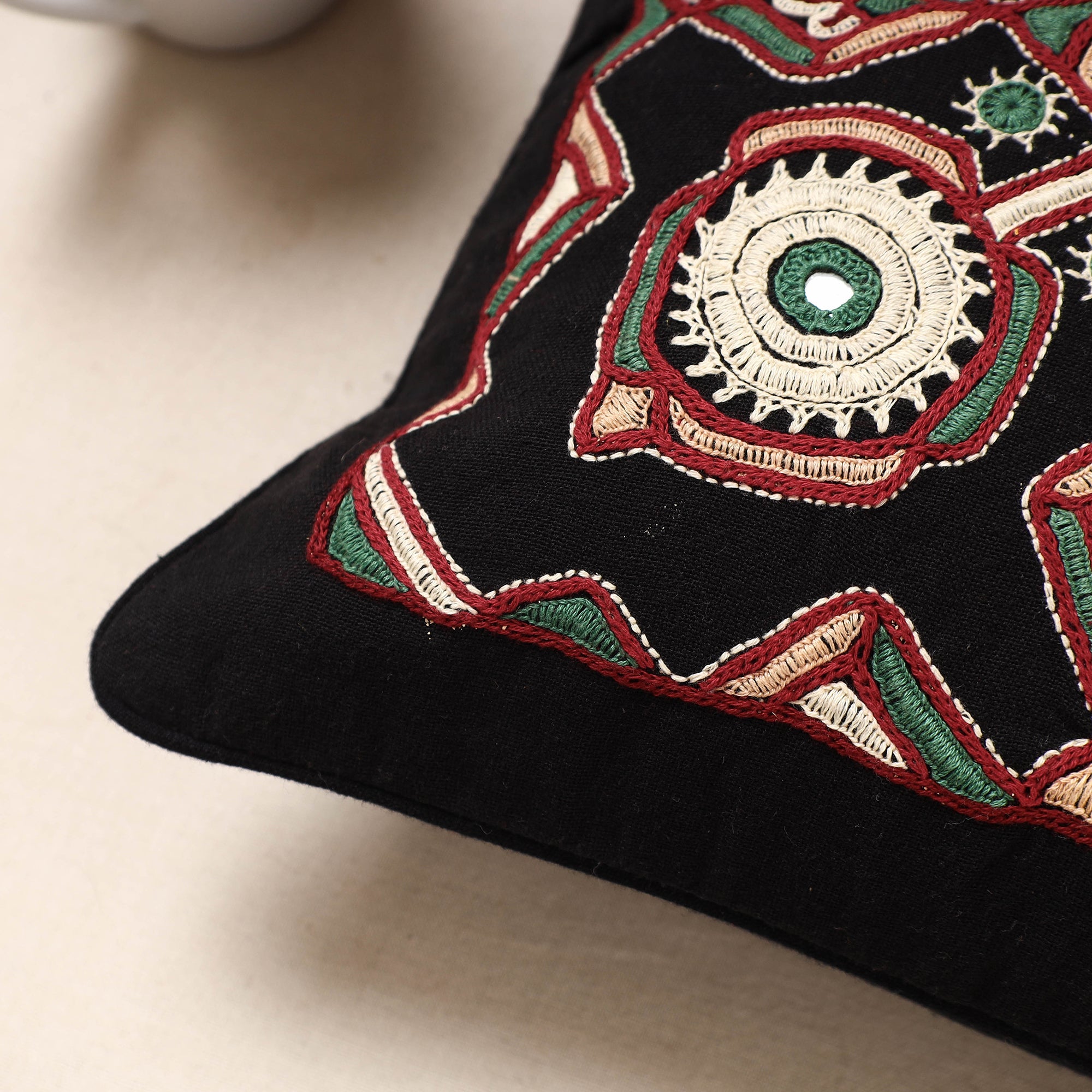 Black - Kala Raksha Pakko Hand Embroidered Pure Cotton Cushion Cover (12 x 12 in) - view 2