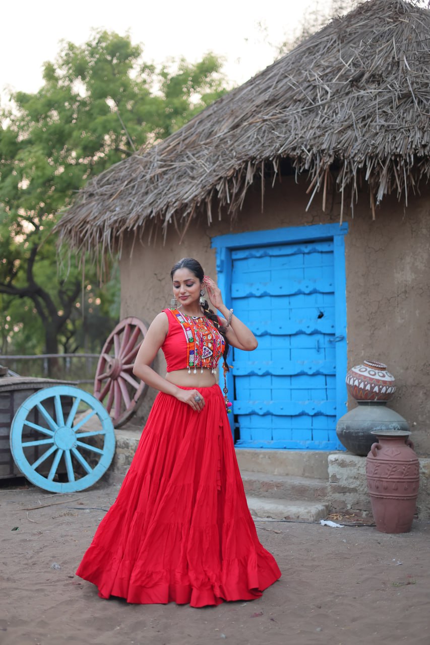 ClothsVilla Red Traditional Reyon Lehenga Set with Embroidered Blouse and Koti - view 2