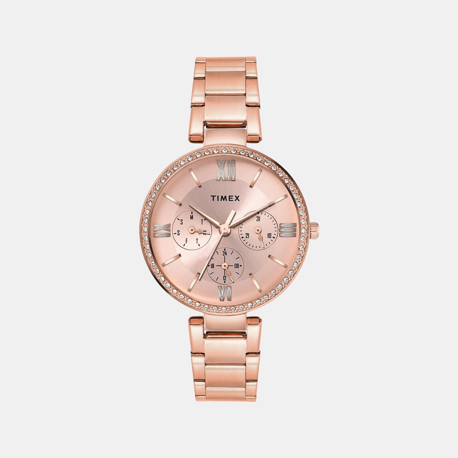 Timex Fashion Women Quartz Pink Dial Multi-Function Stainless Steel Watch TWEL18707