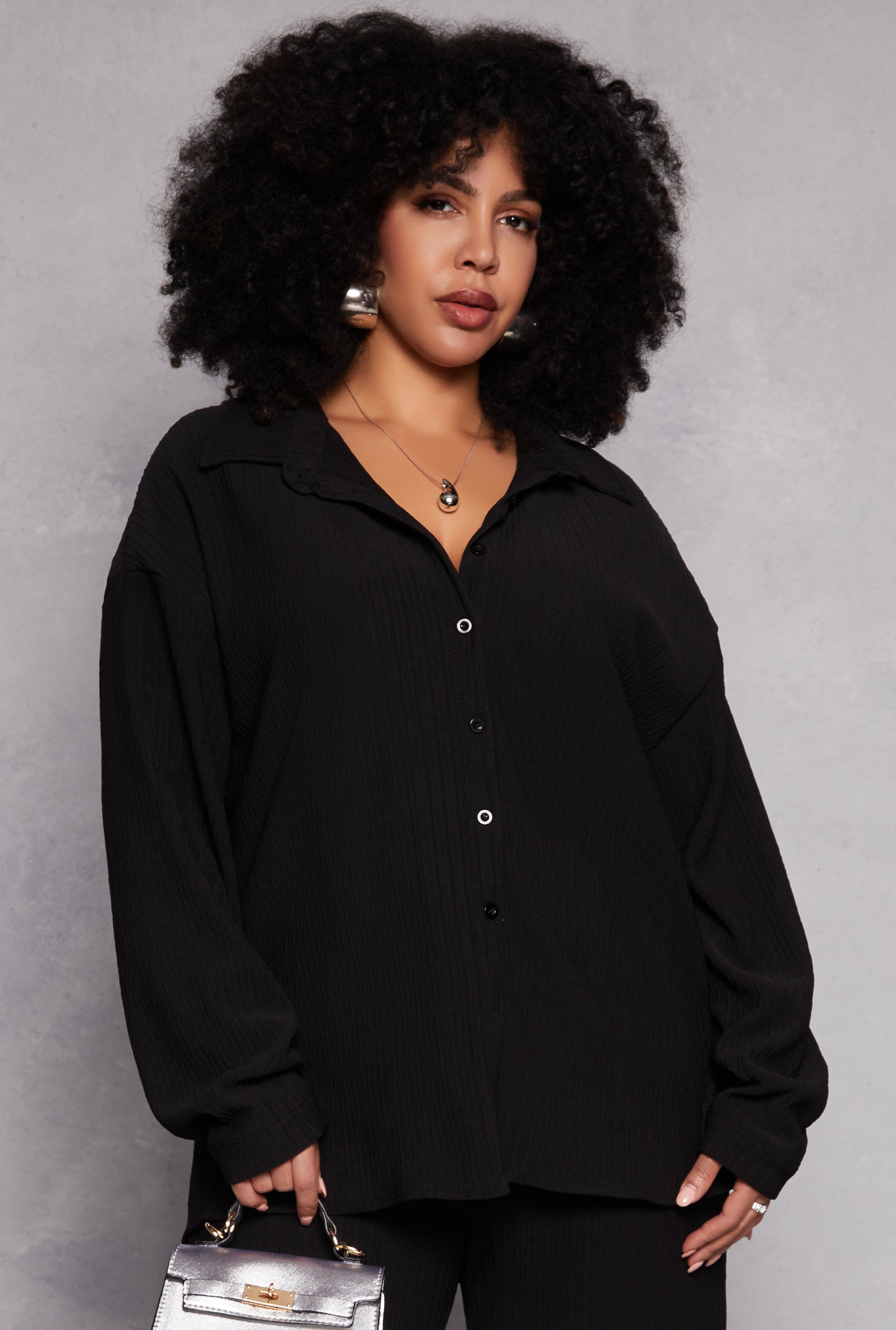 Rainbow Shops Plus Size Textured Knit Button Down Shirt
