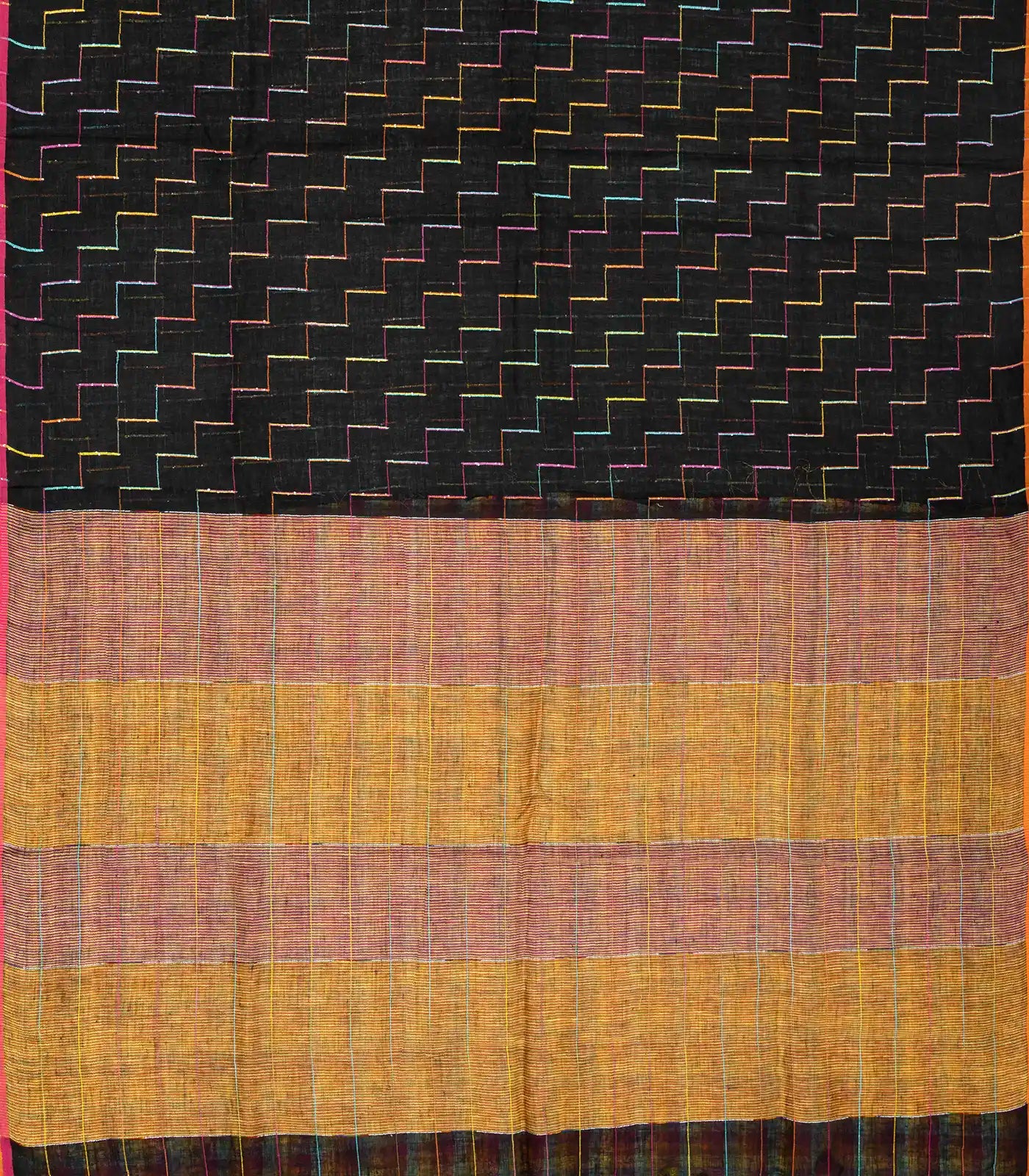 RmKV Black Handloom Linen Saree With Diagonal Stripes - view 2