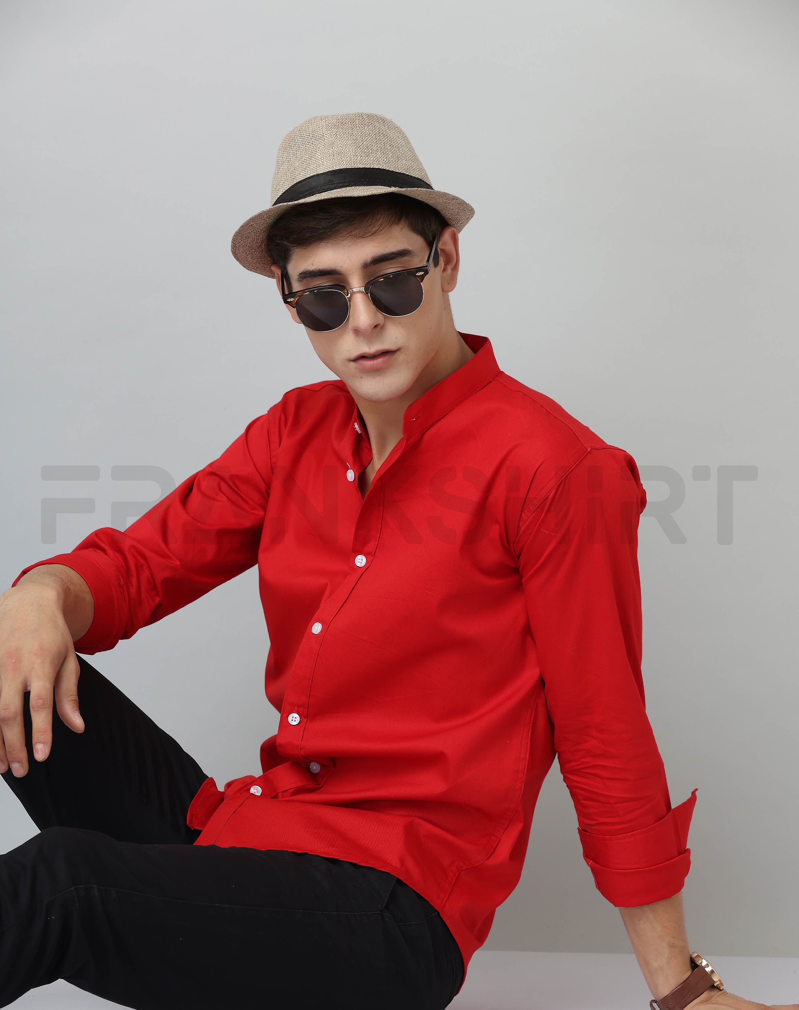 BlackTree Frankshirt Chinese Collar Red Tailored Fit Cotton Casual Shirt for Man