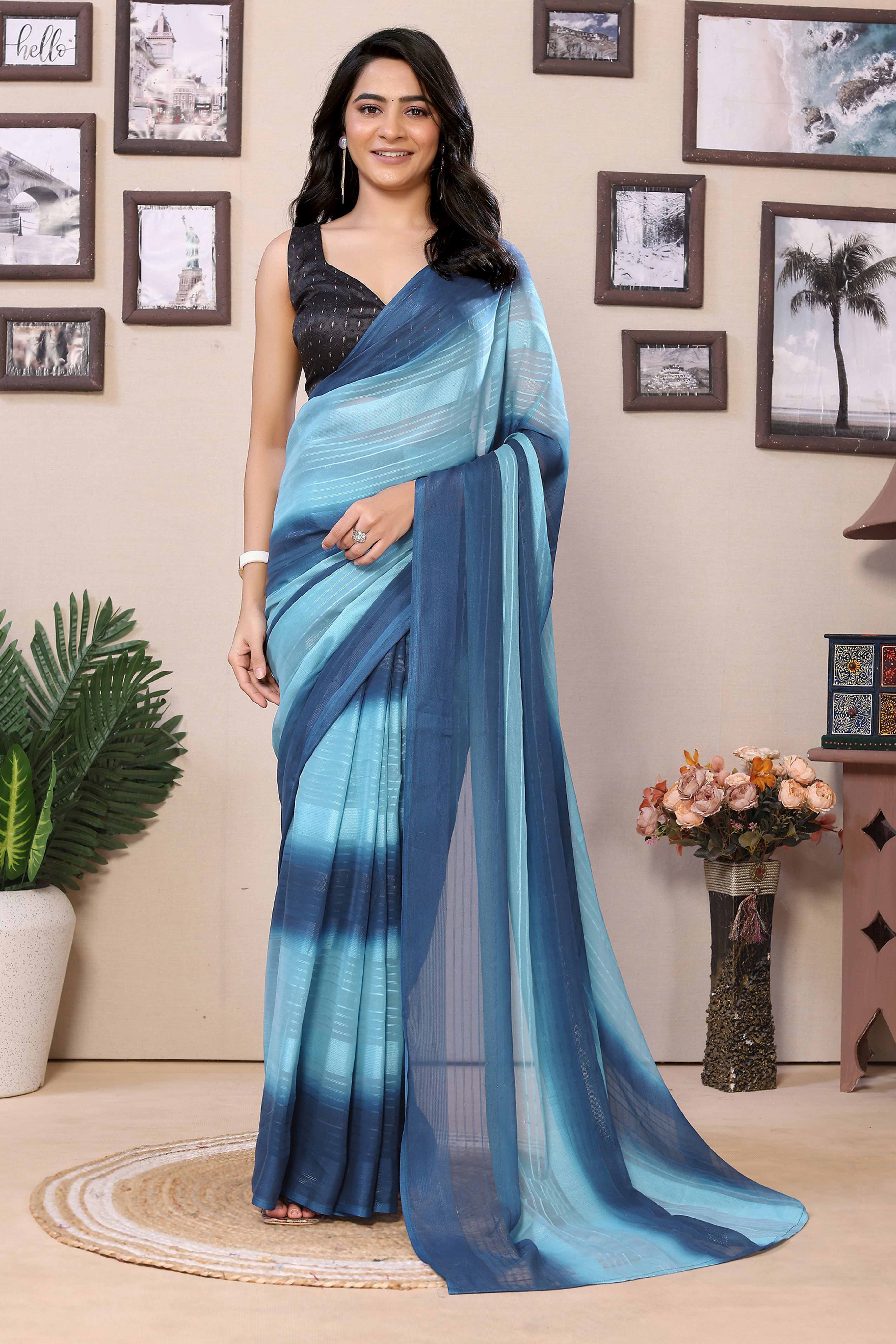 Peachmode Seller Blue Striped Zari With Digital Printed Georgette Ready To Wear Saree