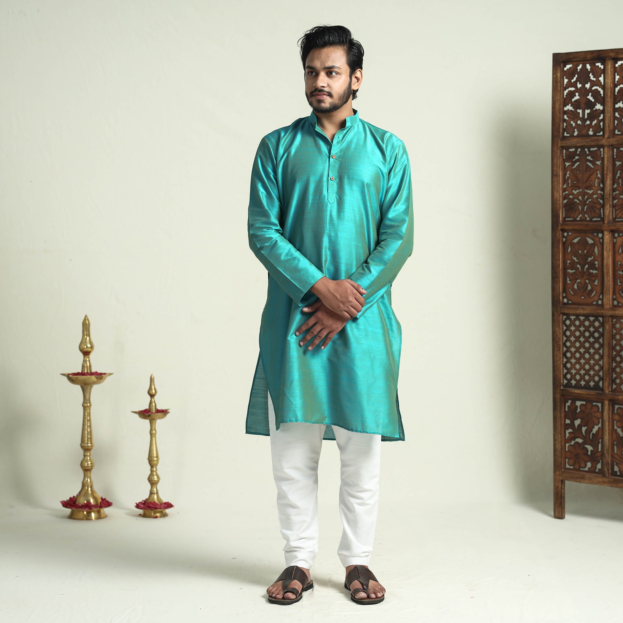ITOKRI CASUALS Aqua - Blue Plain Dyed Slub Silk Men Long Kurta