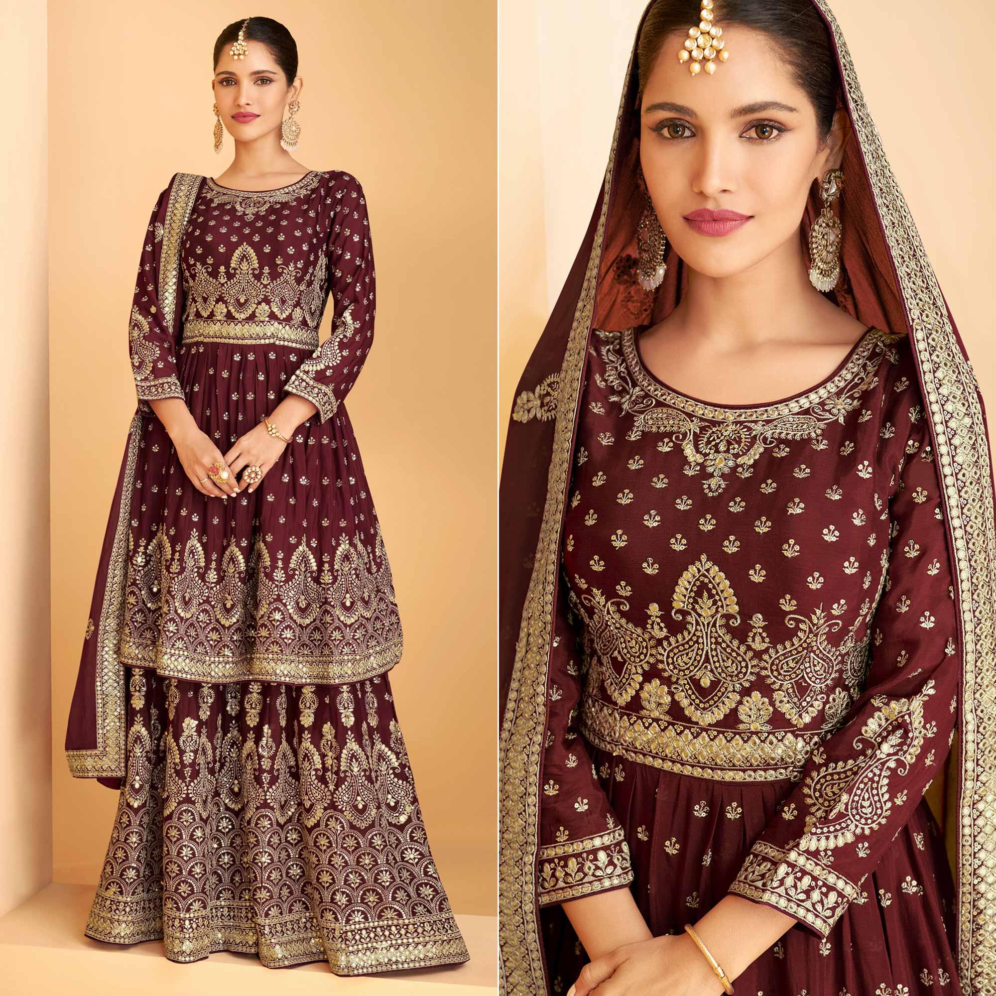 Peachmode Seller Maroon Sequins Embroidered Georgette Sharara Suit