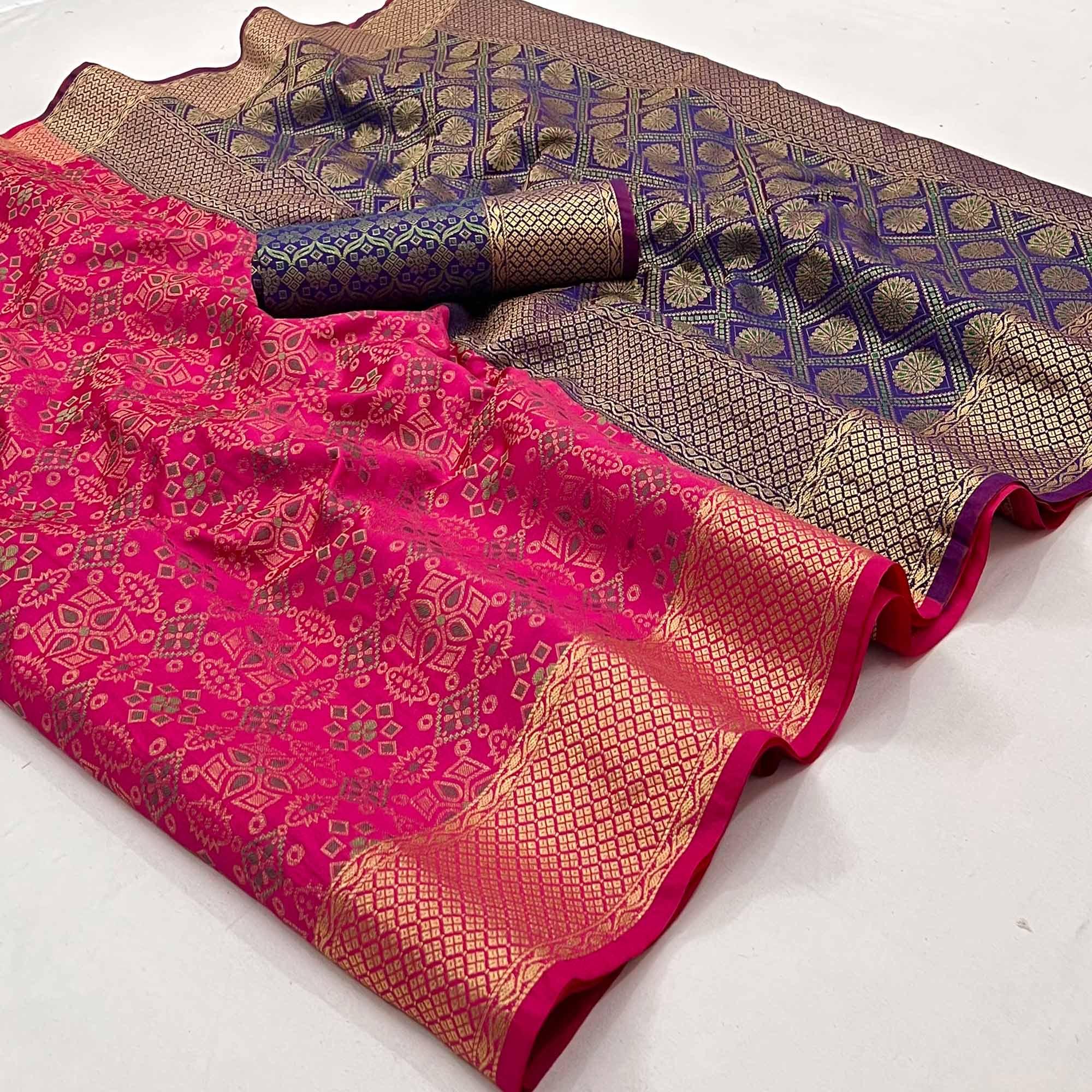 Peachmode Gajri Pink Woven Patola Art Silk Saree