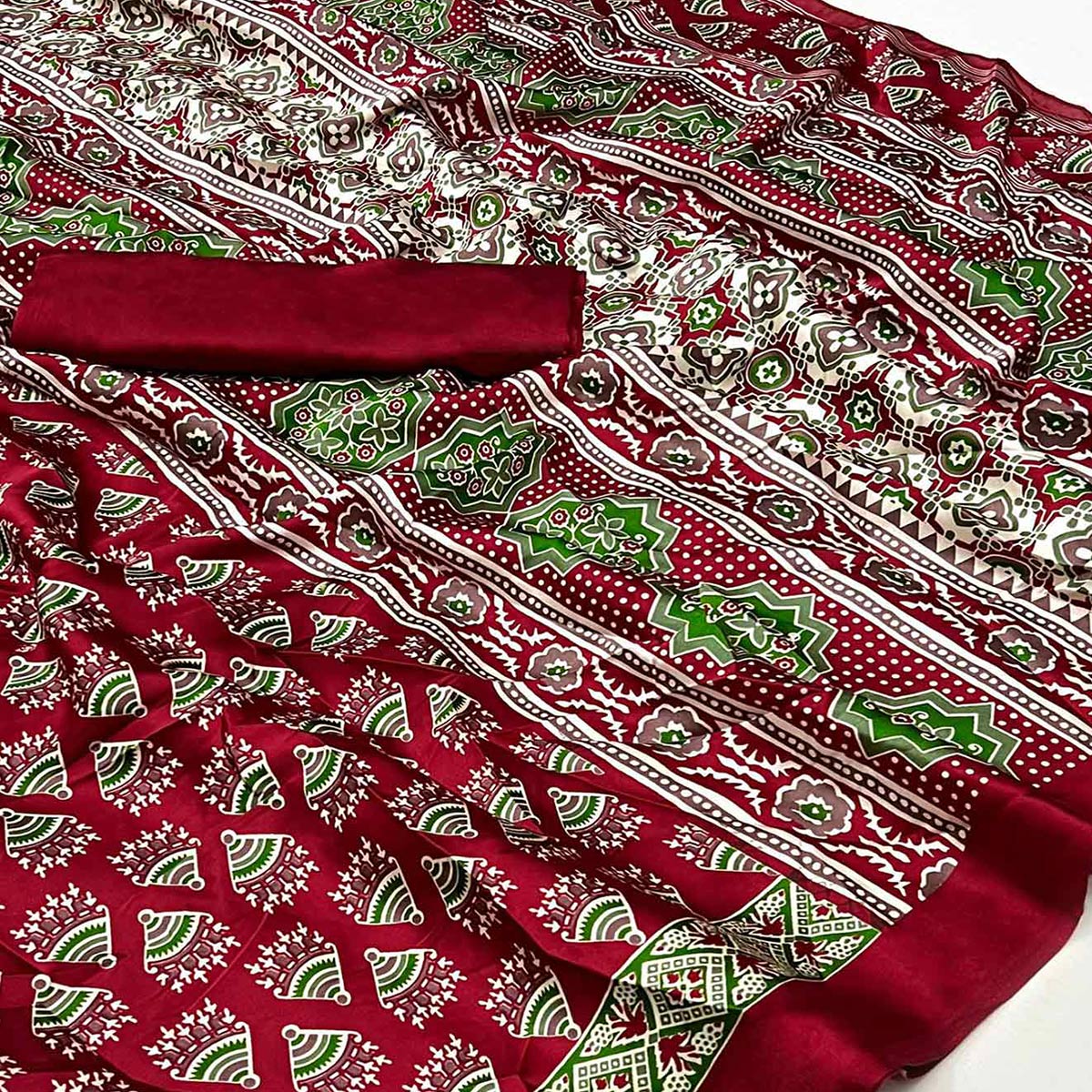 Peachmode Dark Maroon Ajrakh Printed Satin Saree - view 2