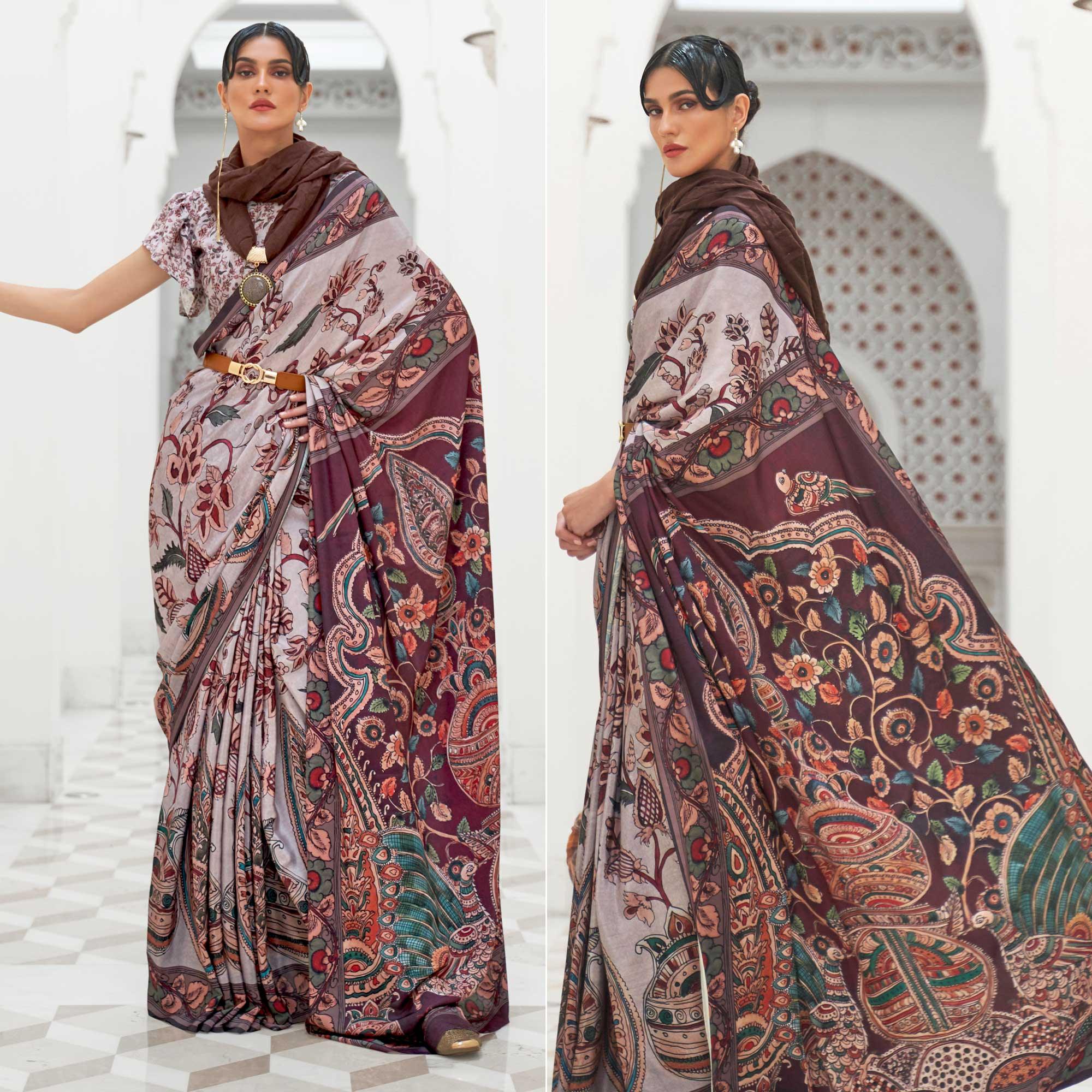 Peachmode Grey Partywear Floral Digital Printed Silk Saree