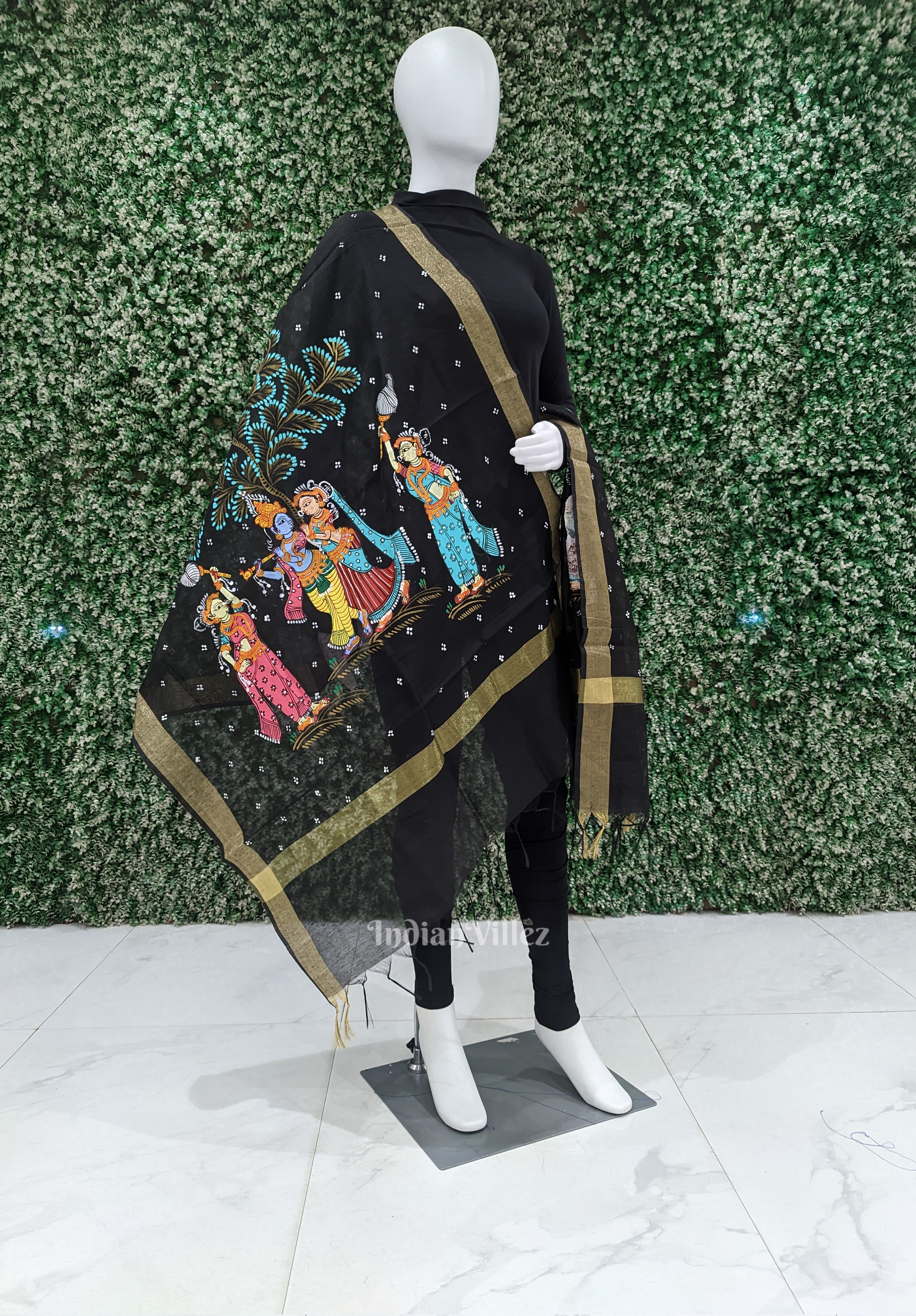 IndianVillèz Black Radha Krishna Rasa Pattachitra Chanderi Dupatta