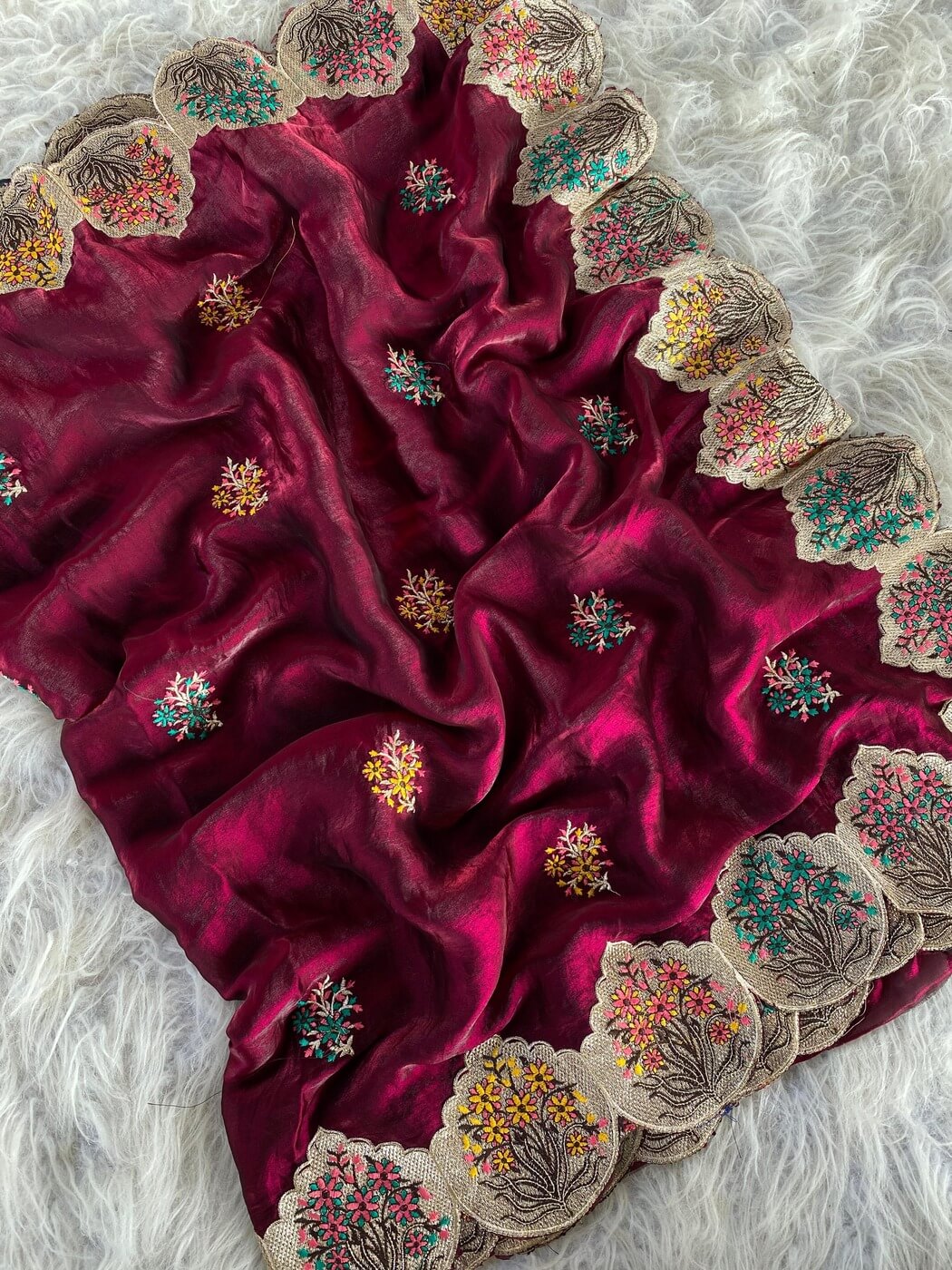 Tasrika Sempiternal Wine Embroidery Work Fendy Silk Saree With Flattering Blouse Piece