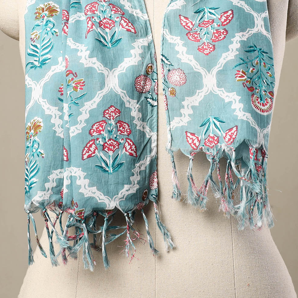 HAVELI CHRONICLES Blue - Block Print Cotton Sanganeri Stole with Tassels 196 - view 2