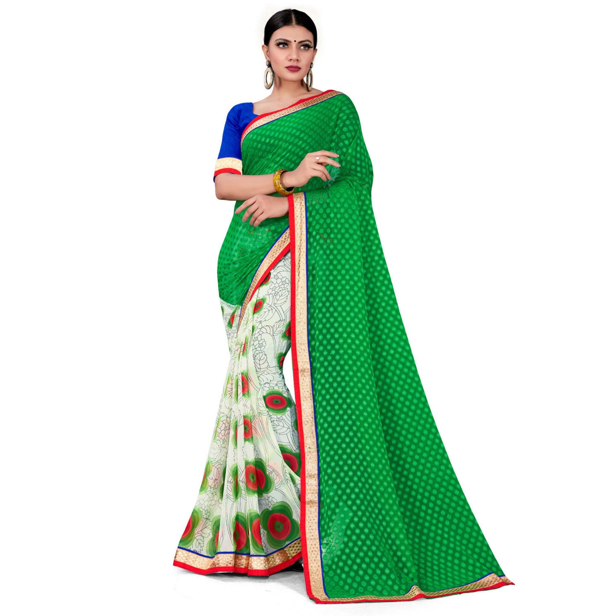 Peachmode Flattering Green-White Colored Party Wear Floral Printed Georgette half-half Saree