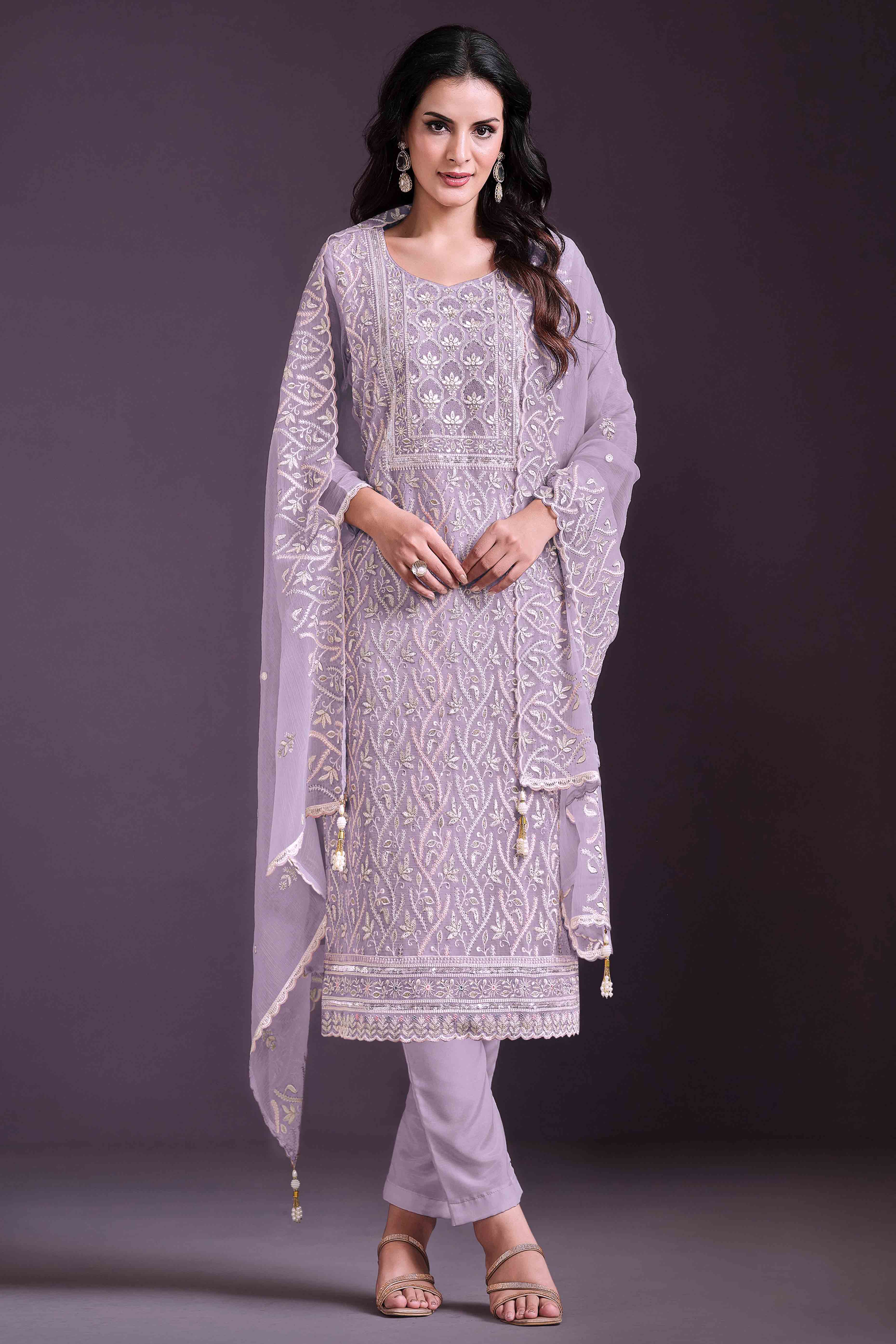 Peachmode Lavender Floral Sequins Embroidered Chinon Semi Stitched Suit