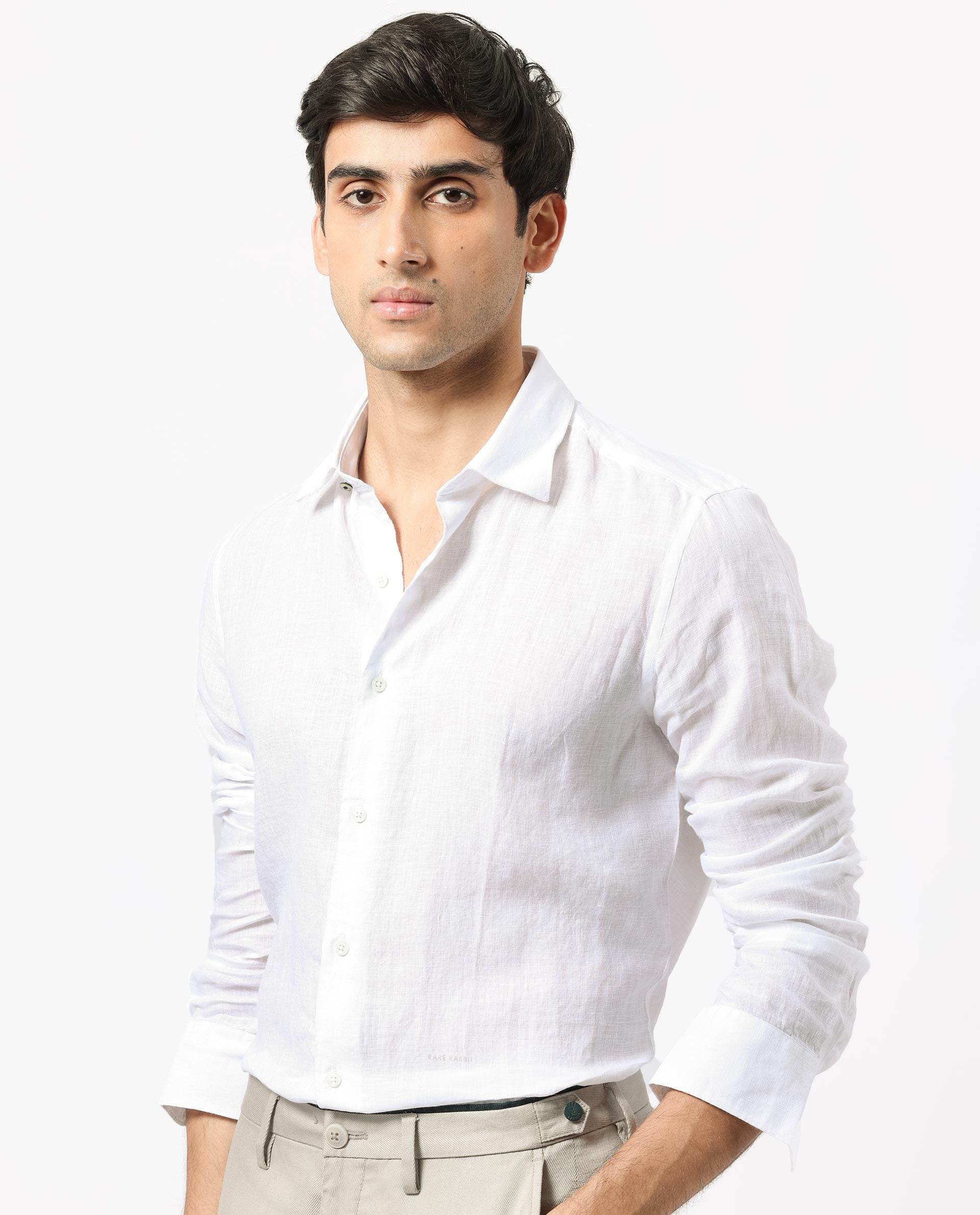 Rare Rabbit Men's Linex White Linen Fabric Full Sleeves Solid Shirt - view 7