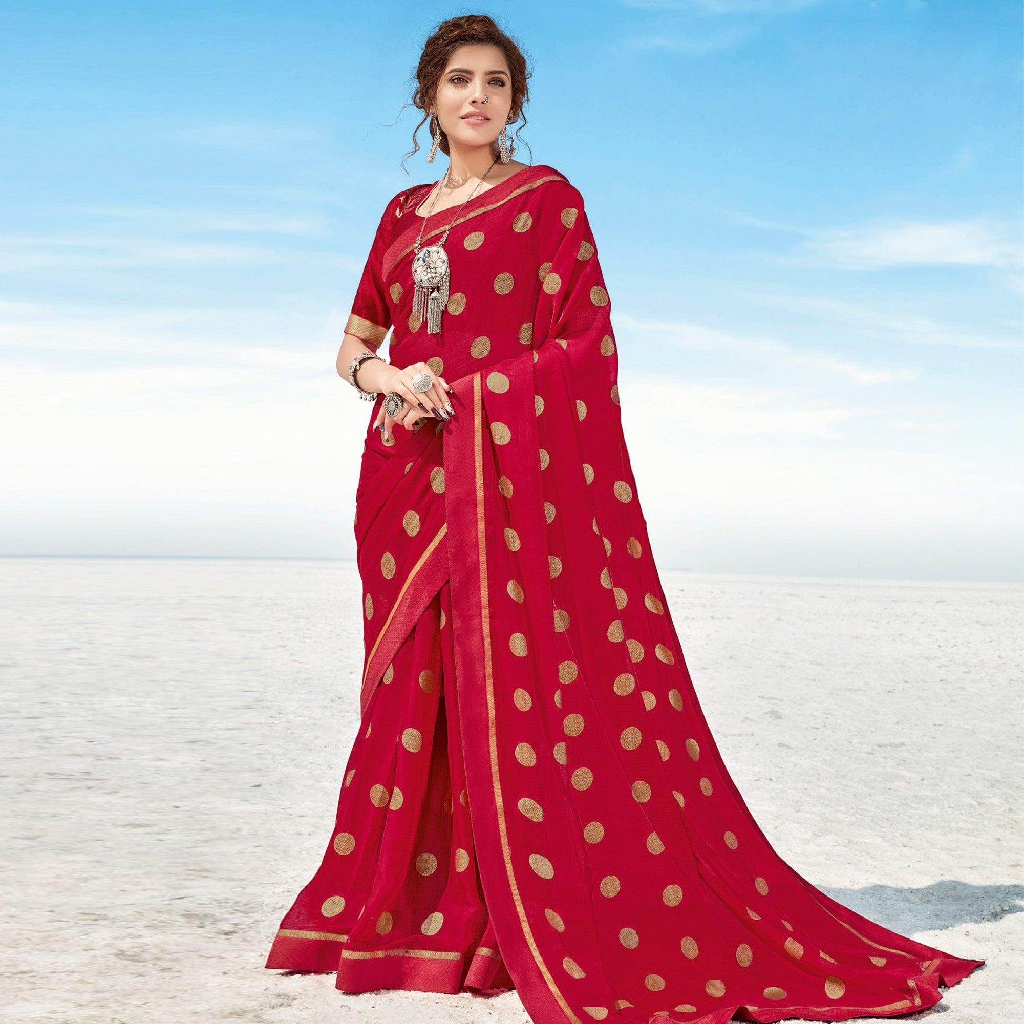 Peachmode Dark Gajari Pink casual Wear Printed Chiffon Saree