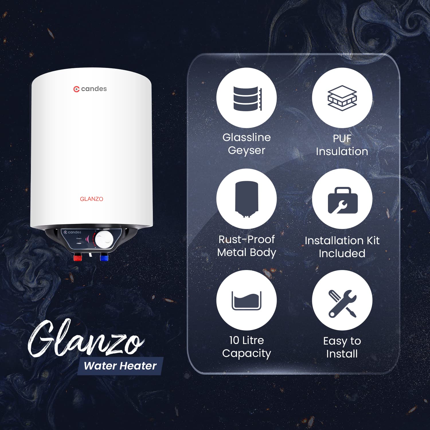 Candes 10 Litre Glanzo 5 Star Rated GlassLine Automatic Storage Electric Water Heater - 8 Bar Pressure with Installation Kit, Metal Body White - view 3