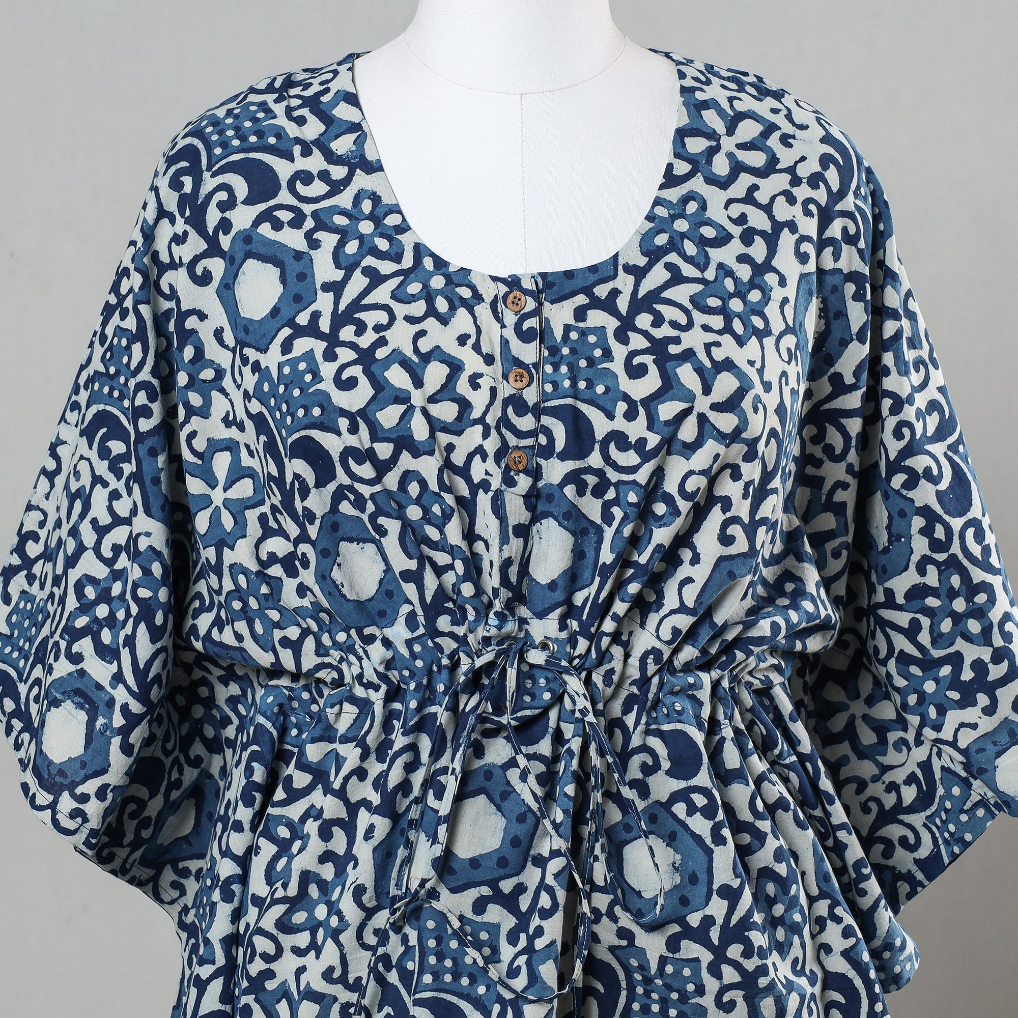 ITOKRI CASUALS Blue - Bagru Block Printed Cotton Kaftan with Tie-Up Waist (Short) - view 2