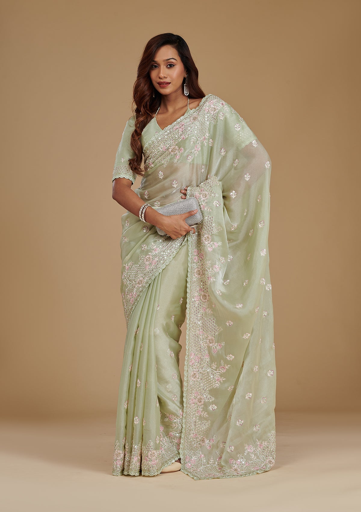 Koskii Pista Green Sequins Tissue Saree – Women's