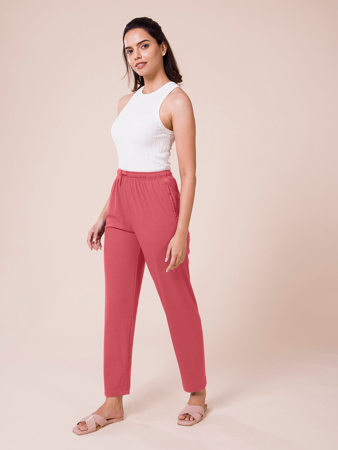 Go Colors Women Solid Rusty Pink Mid Rise Casual Rib Pants
