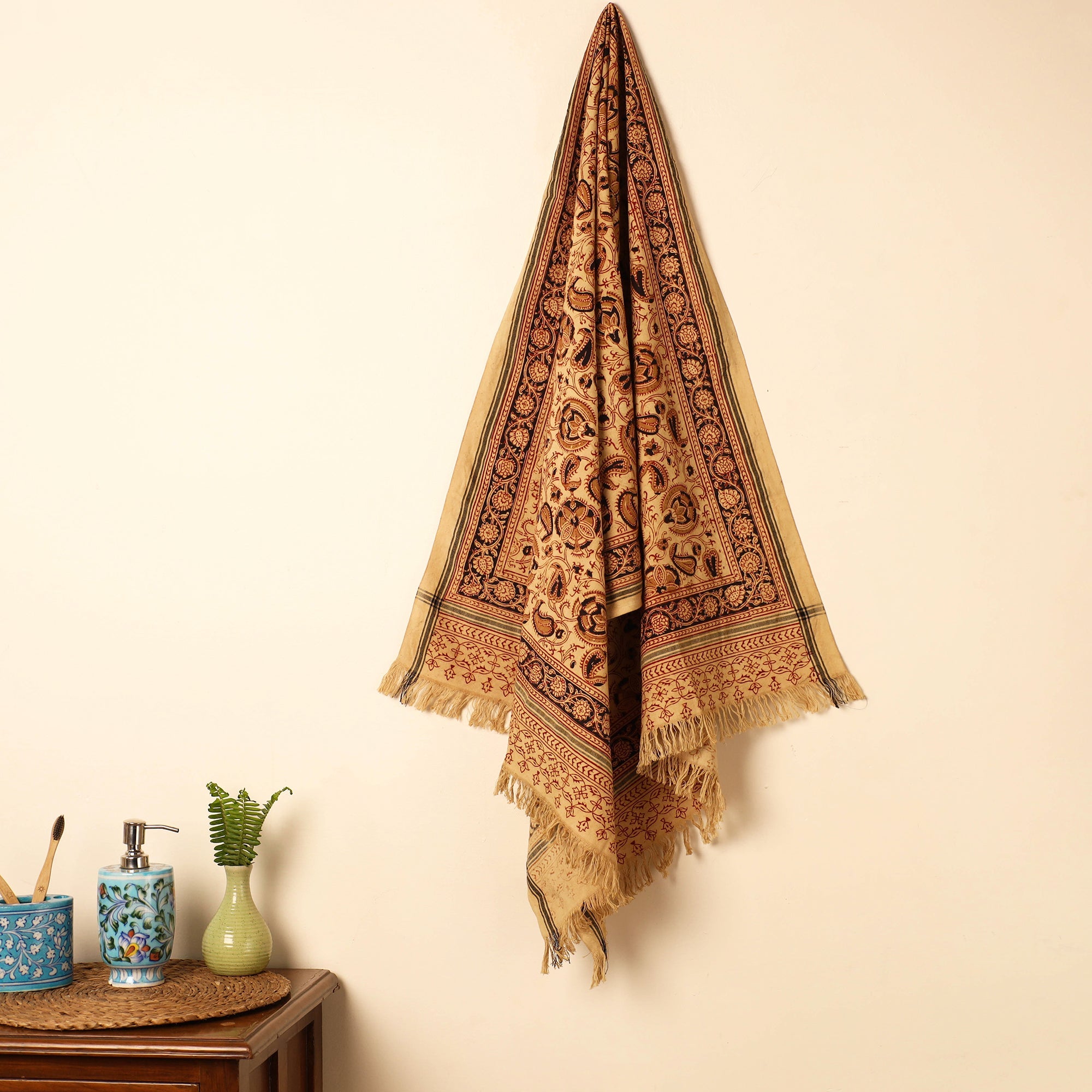PITCHUKA SRINIVAS KALAMKARI PEDANA Beige - Handloom Cotton Block Printed Pedana Kalamkari Towel 13
