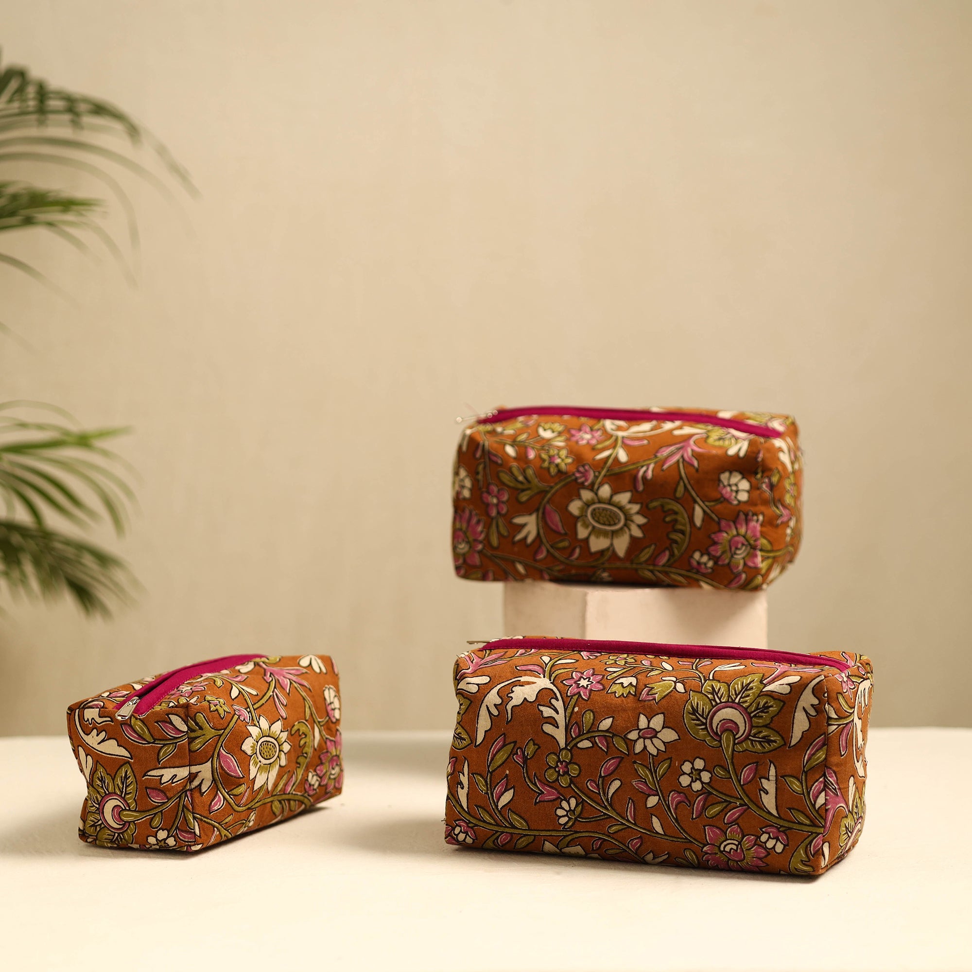 NOORI BAZAR Brown - Handmade Cotton Toiletry Bags (Set of 3) 12