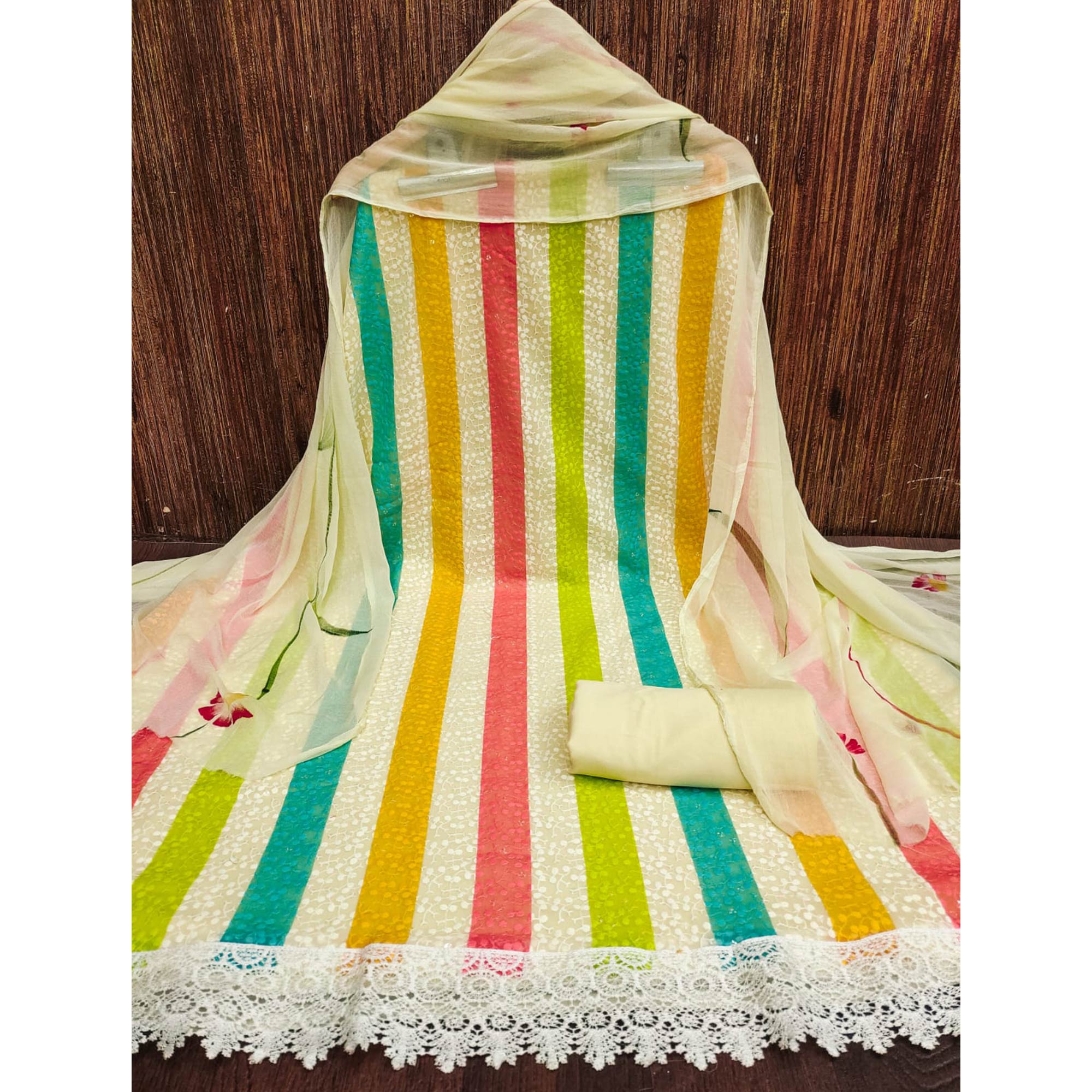 Peachmode Cream Schiffli Embroidered With Digital Printed Georgette Dress Material - view 3
