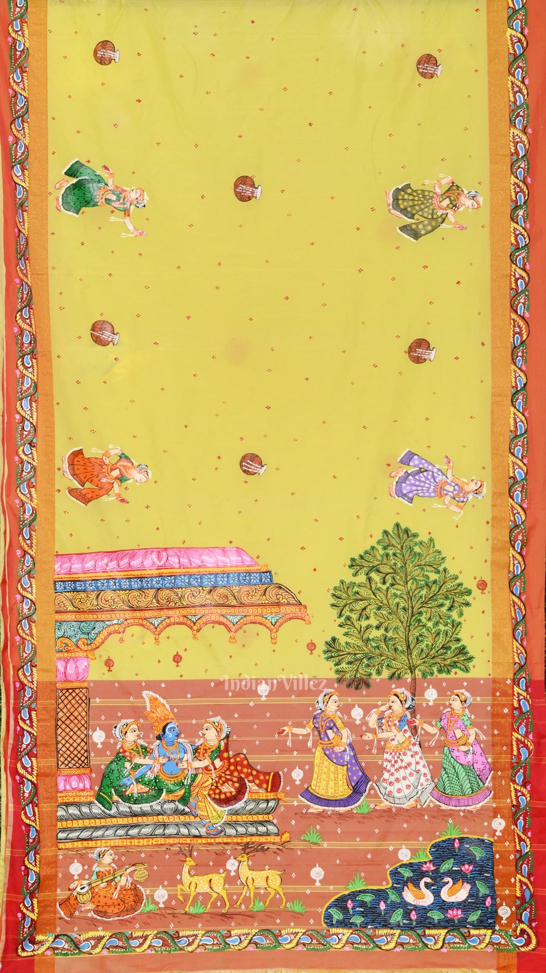 IndianVillèz Lemon Yellow Red Radha Krishna Raasleela Hand-Painted Pattachitra Saree