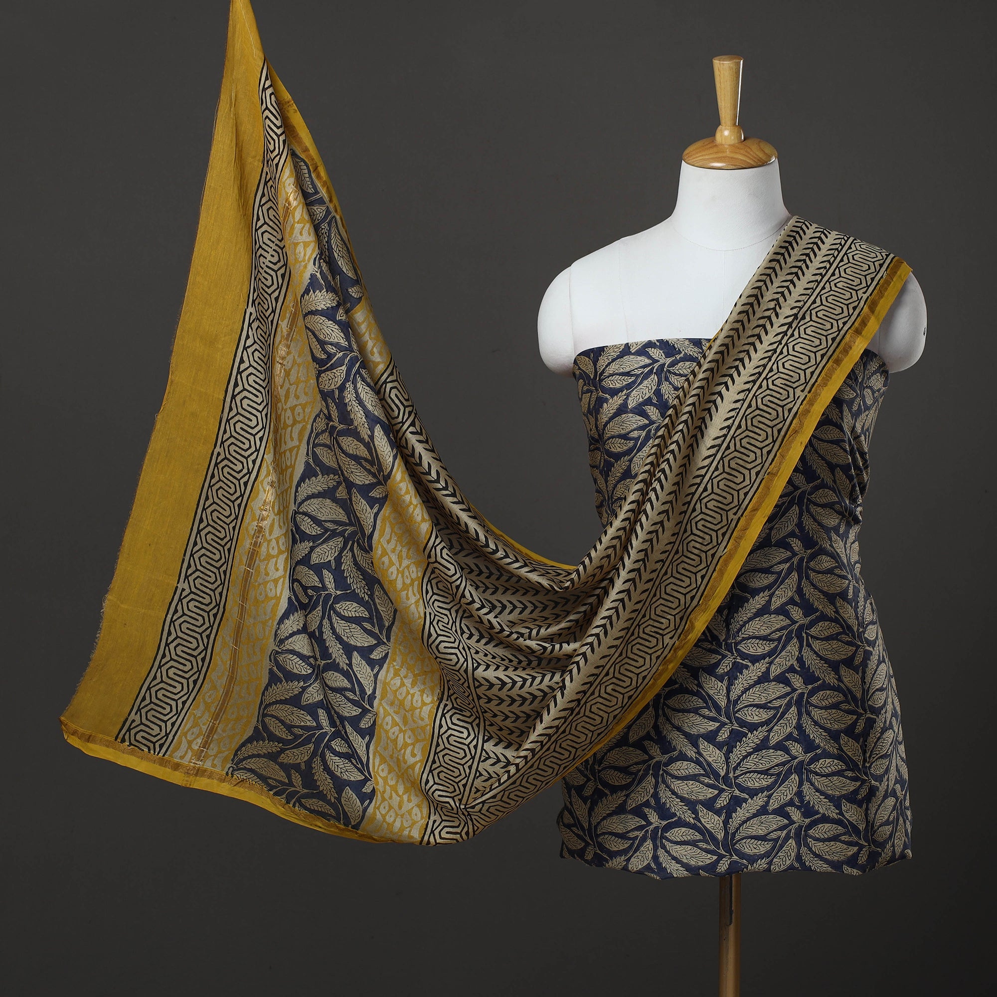 HAVELI CHRONICLES Blue - 3pc Chanderi Silk Bagru Print Dress Material 06
