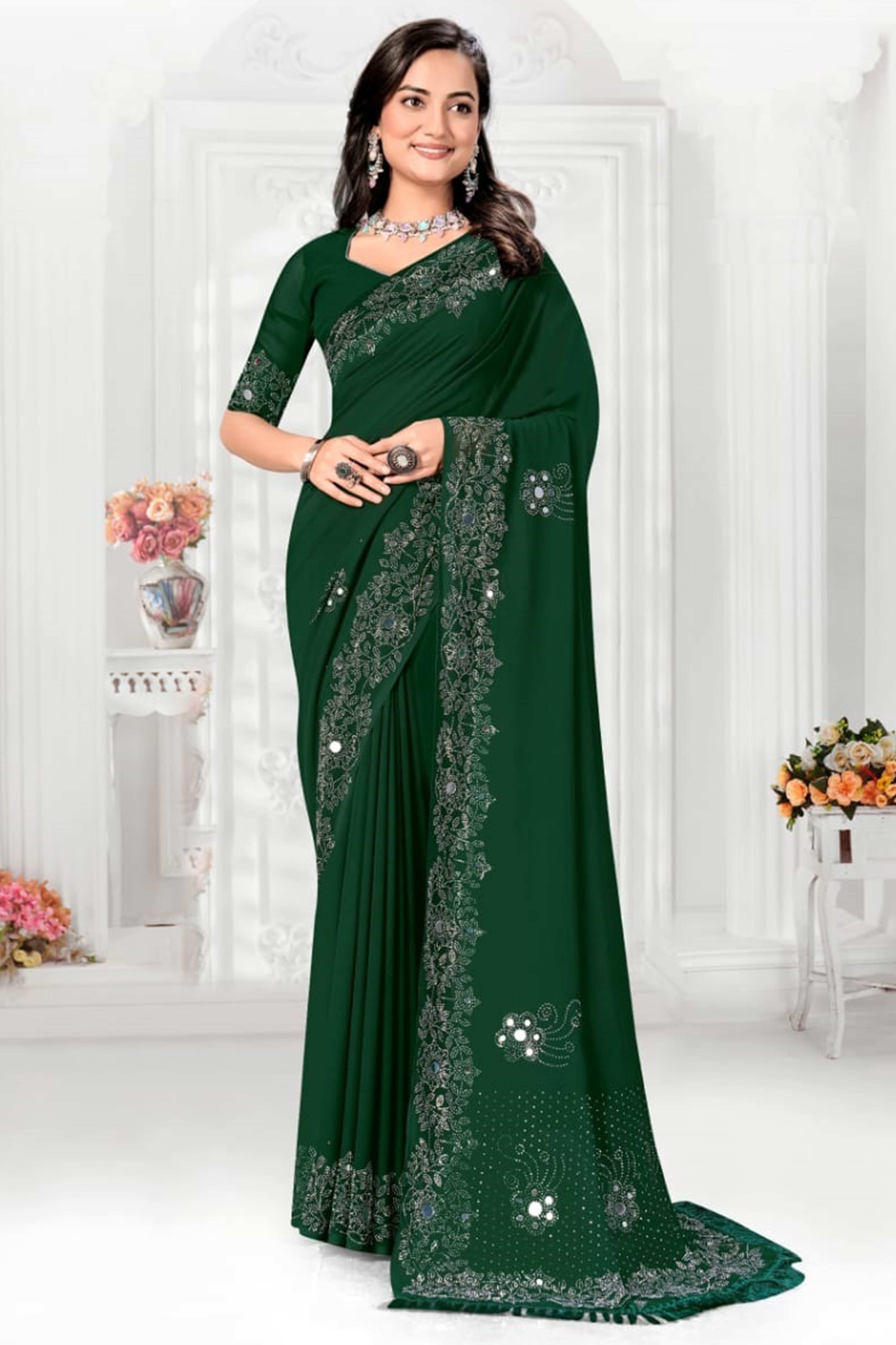 Green sarees – BlackTree green-floral-swarovski-with-mirror-work-georgette-saree-9