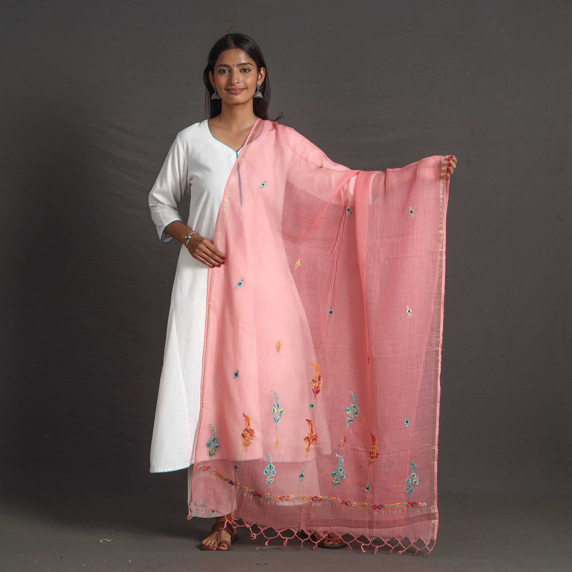 ITOKRI CRAFTS INITIATIVE Pink - Kota Doria Silk Cotton Kashida Embroidery Dupatta 61