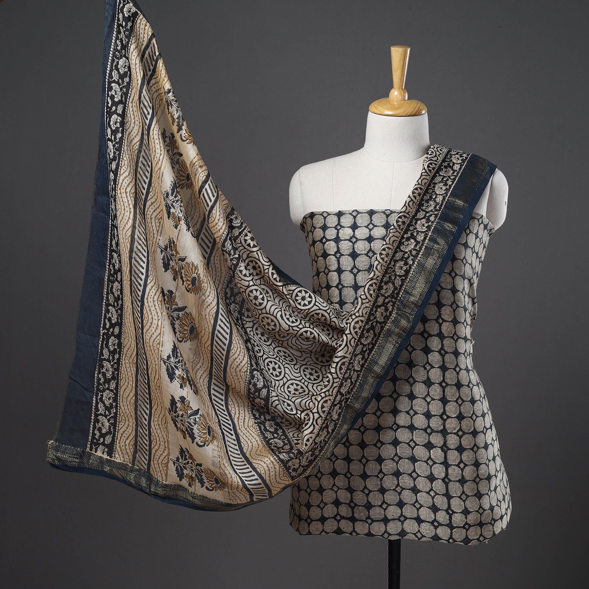 ARTISAN HAND BLOCK PRINTS Beige - 3pc Maheshwari Silk Bagru Print Dress Material 09