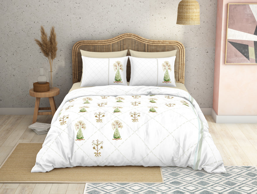 Spaces India Floral Turf Green 100% Cotton King Size Bedsheet - Kalakari Haath By Spaces