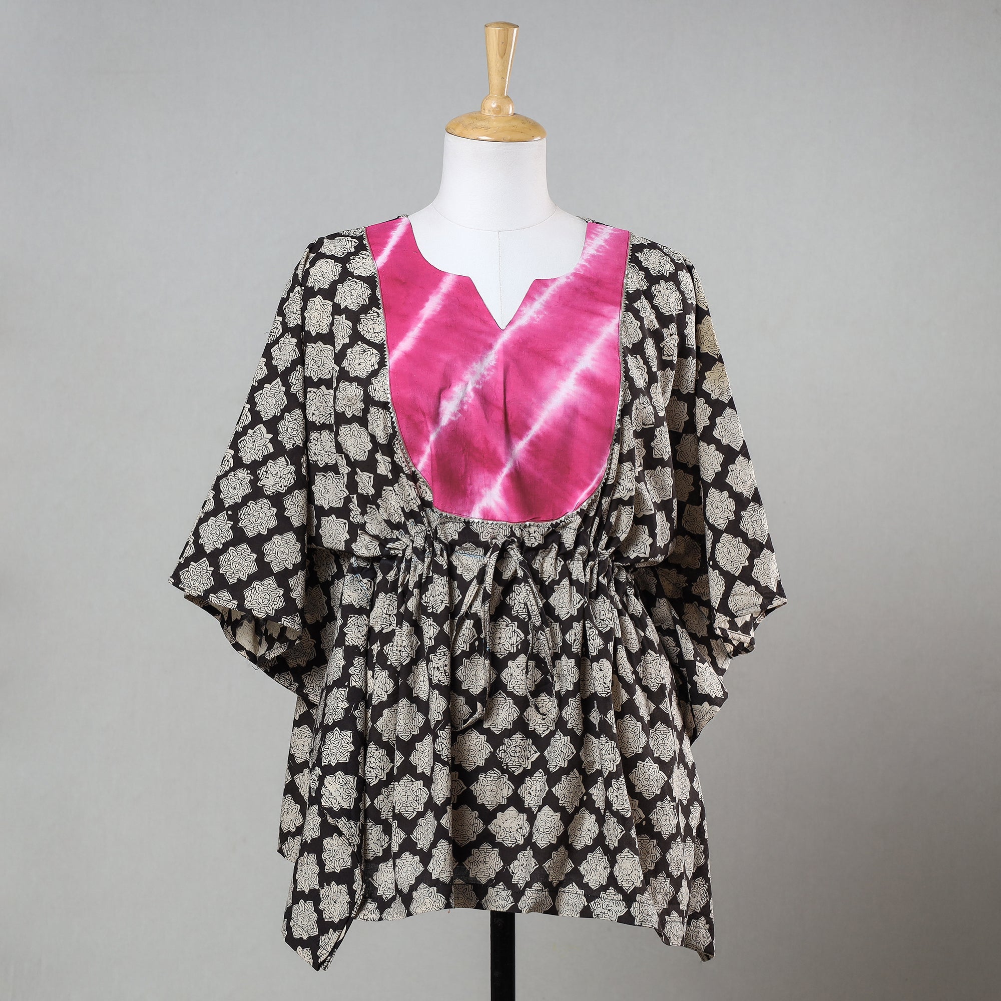 ITOKRI CASUALS Black - Bagru Block Printed Cotton Kaftan with Tie-Up Waist (Short)