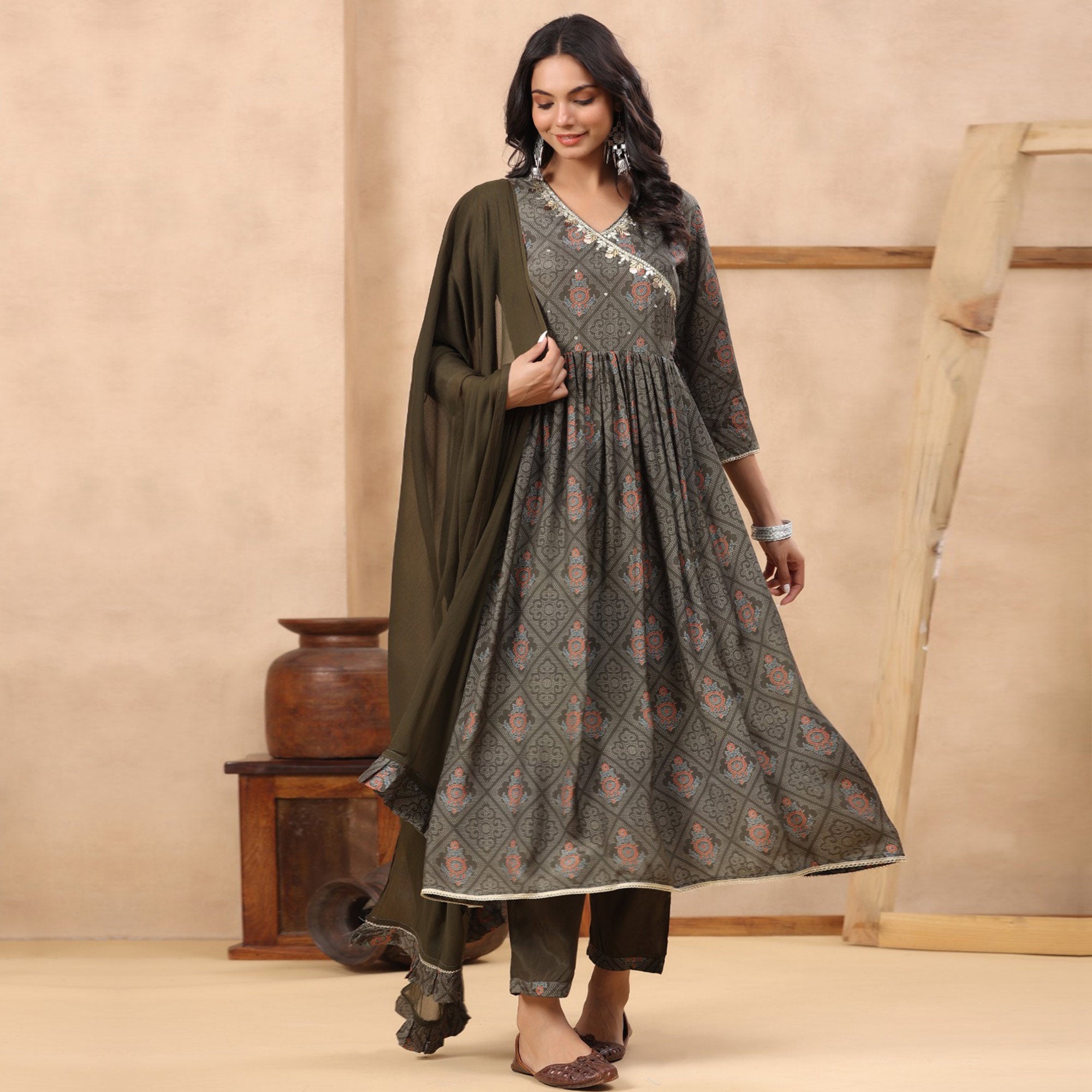 BlackTree grey-printed-with-sequins-work-muslin-anarkali-suit - view 2