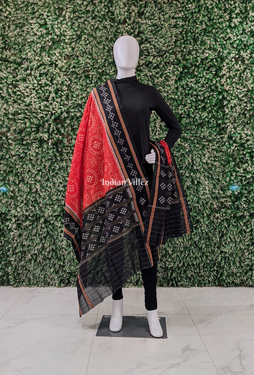 IndianVillèz Orange Black Border Pasapali Odisha Ikat Cotton Dupatta