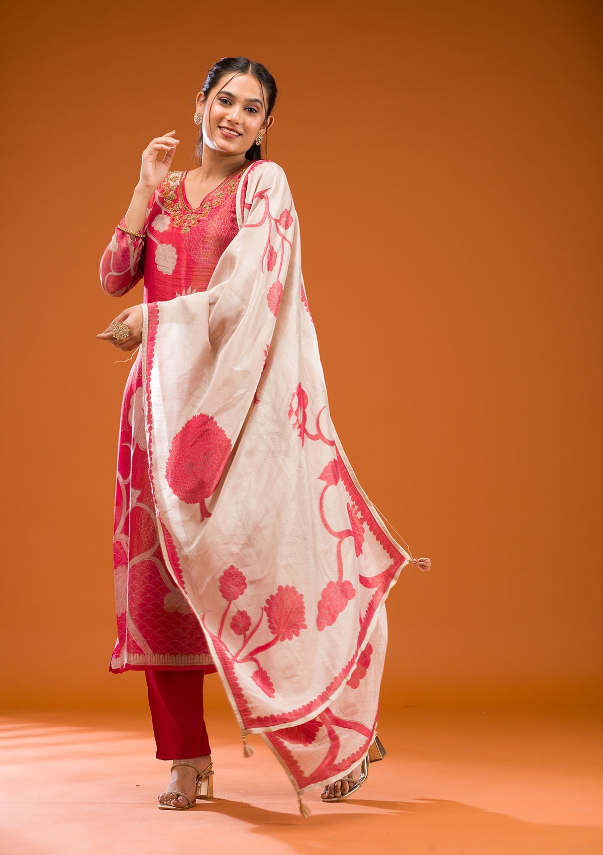 Koskii Red Zariwork Semi Crepe Readymade Salwar Suit