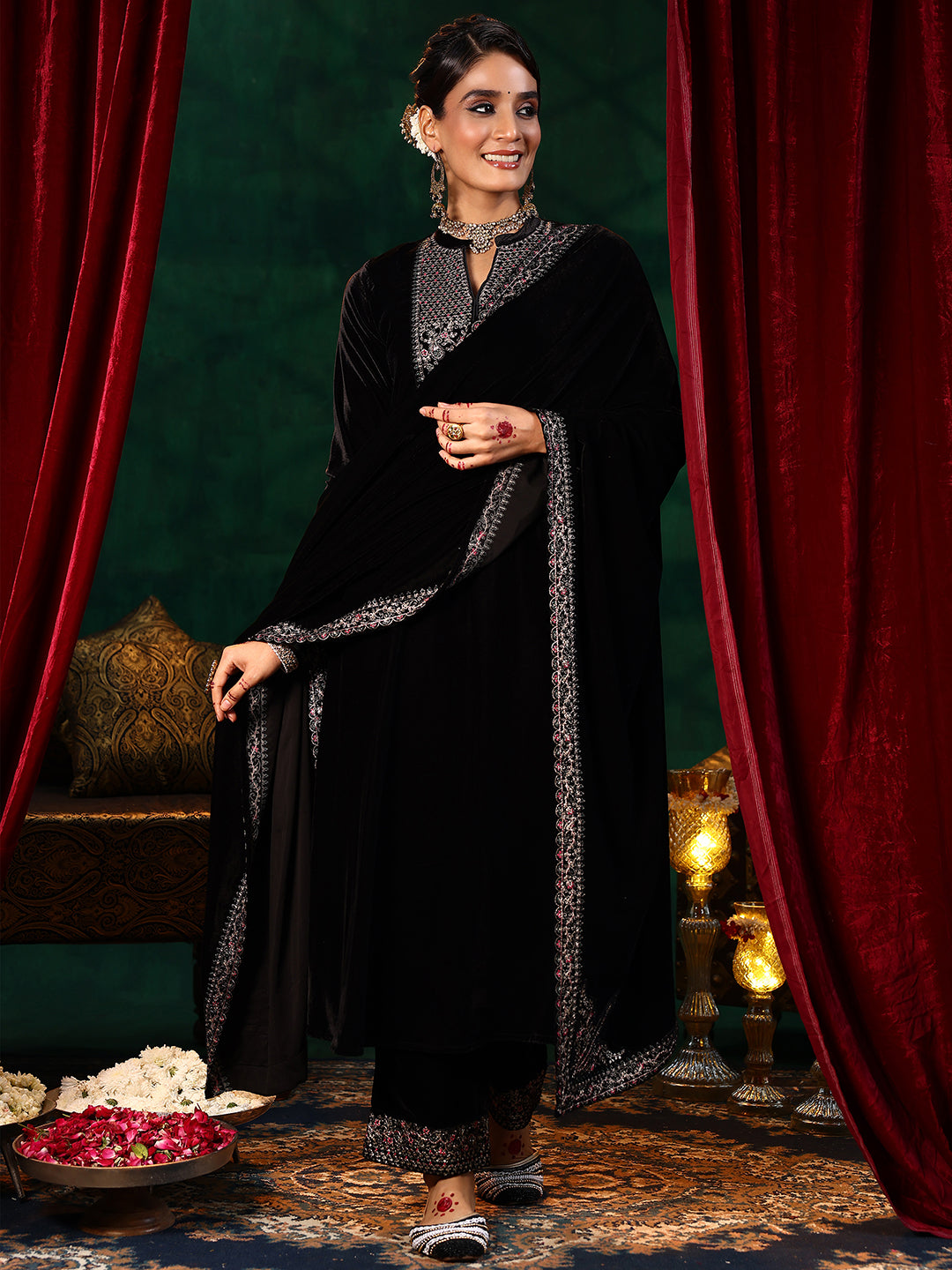 Libas Black Yoke Design Velvet Straight Suit With Dupatta - view 2
