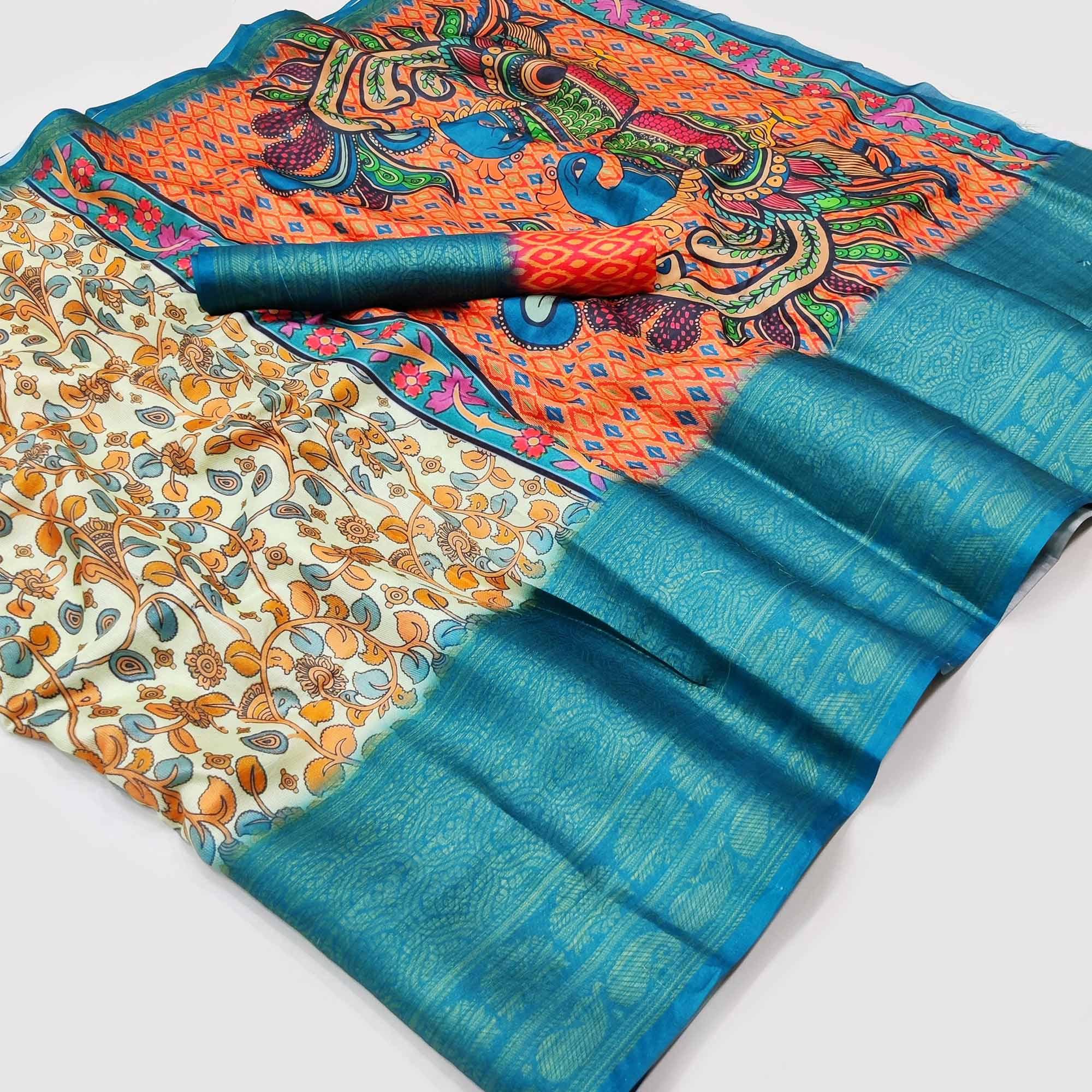 Peachmode Cream Digital Printed Khaadi Saree – Women's