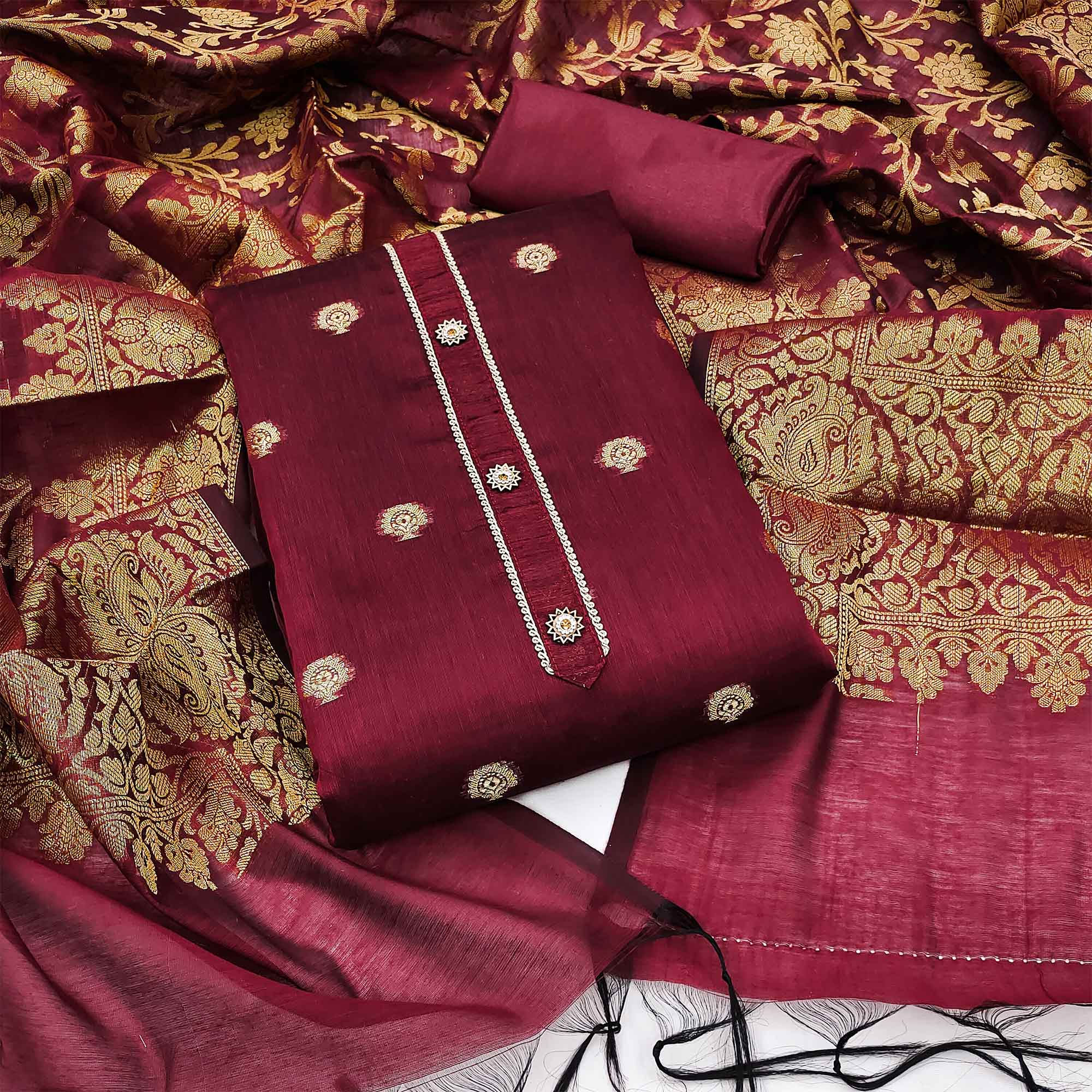 Peachmode Maroon Floral Woven Banarasi Silk Dress Material