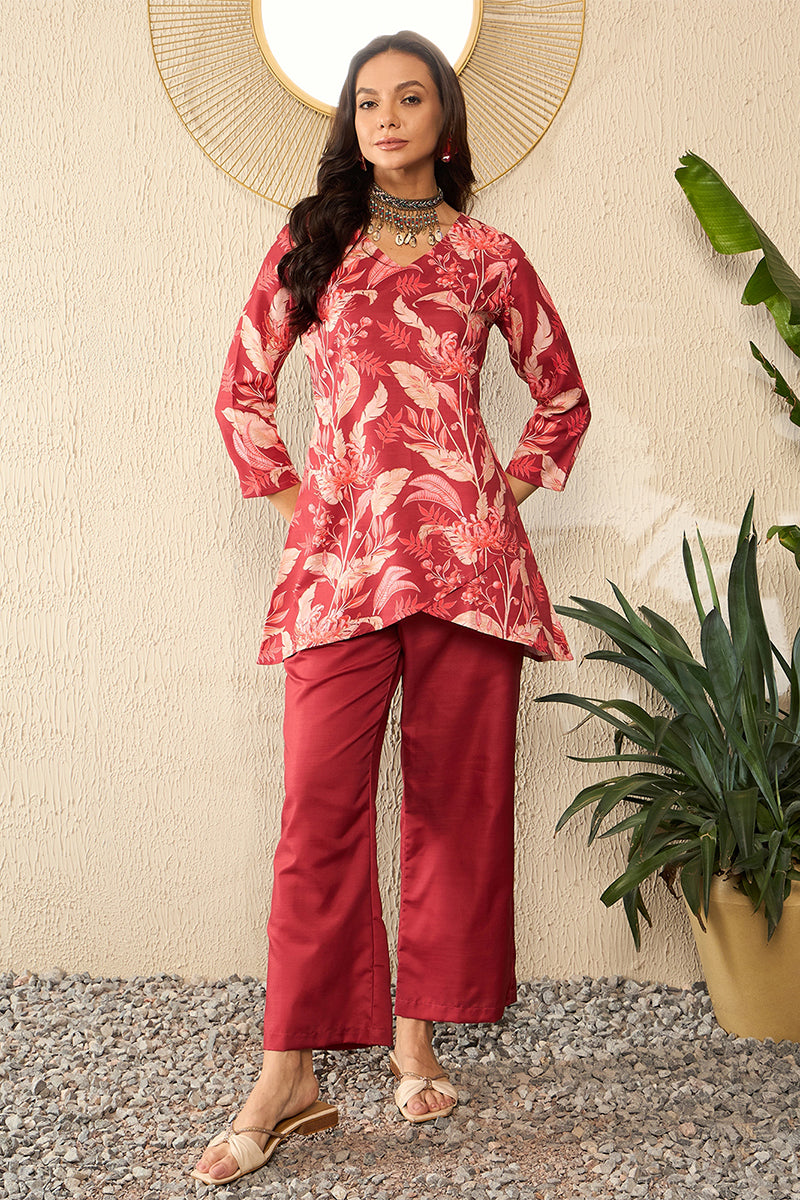 Ahika Red Rayon Blend Floral Printed Co-Ord Set VCORD1078