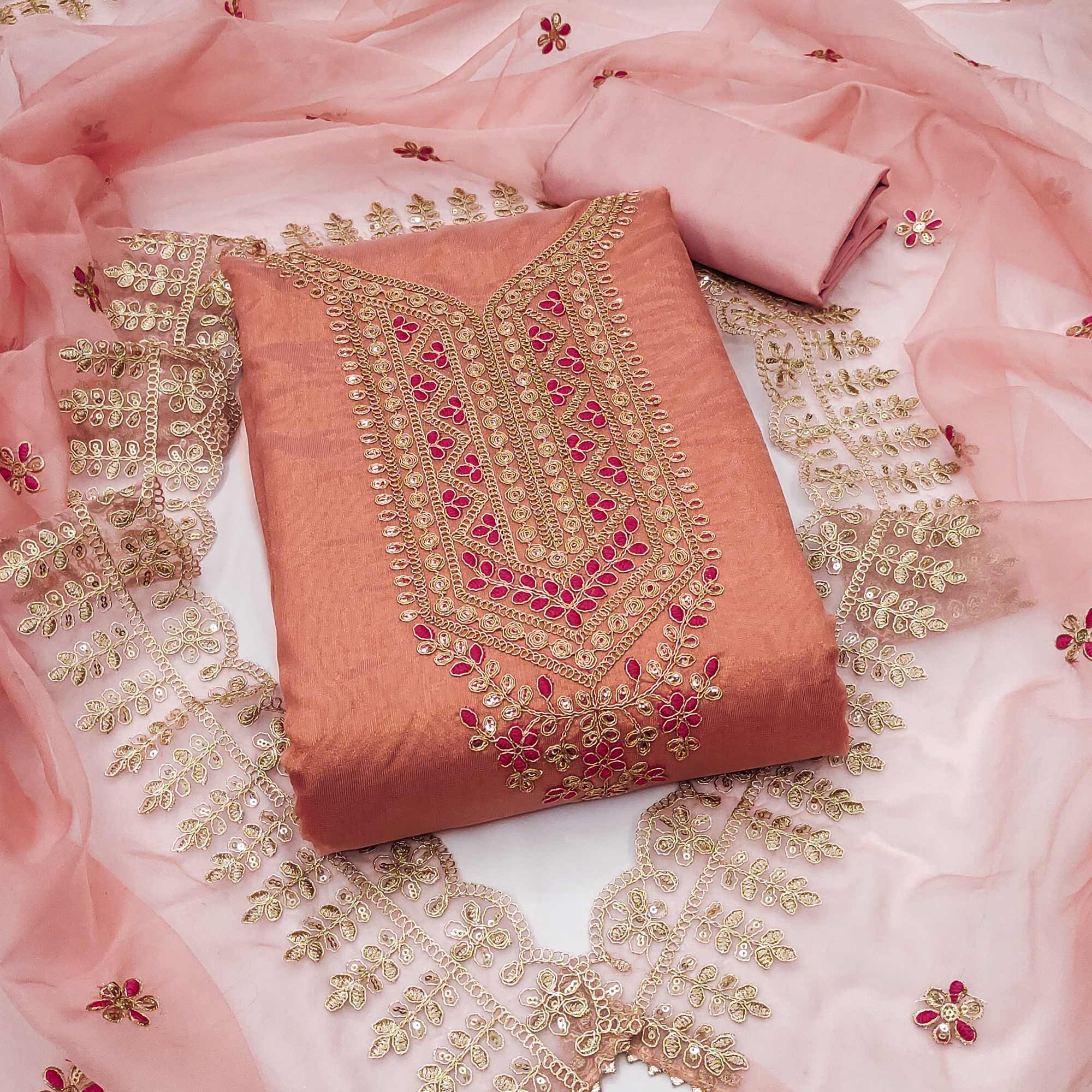 Peachmode Peach Sequins Embroidered Chanderi Silk Dress Material